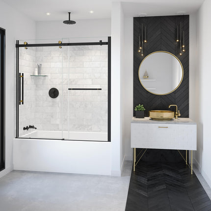 Vela 56 ½-59 x 59 in. 8 mm Sliding Tub Door with Towel Bar for Alcove Installation with Clear glass in Matte Black and Brushed Gold - Plumbing Market