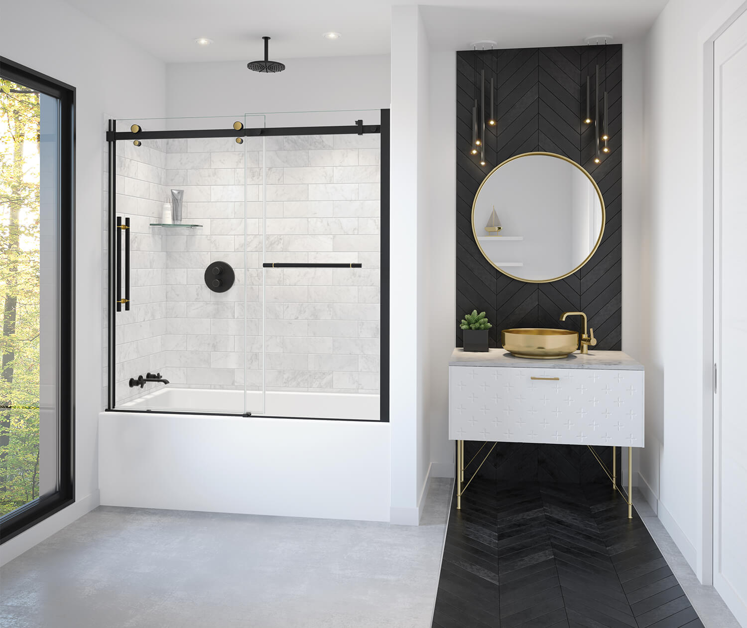 Vela 56 ½-59 x 59 in. 8 mm Sliding Tub Door with Towel Bar for Alcove Installation with Clear glass in Matte Black and Brushed Gold - Plumbing Market