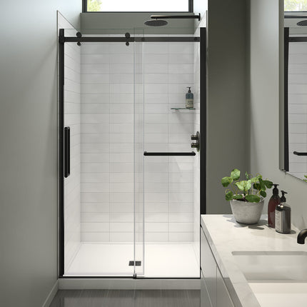 Halo Pro 44 ½-47 x 78 ¾ in. 8 mm Sliding Shower Door with Towel Bar for Alcove Installation with Clear glass in Matte Black - Plumbing Market