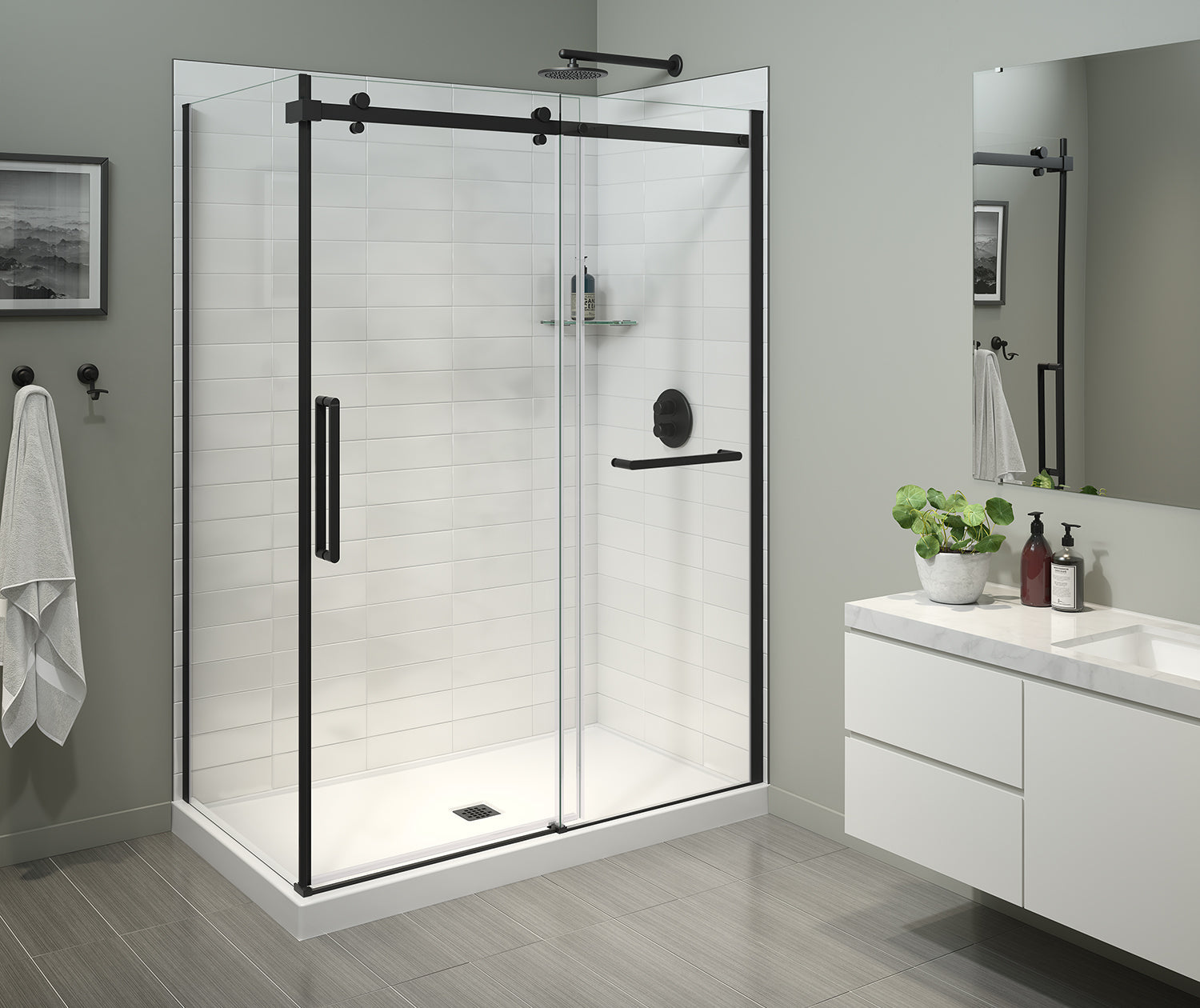 Halo Pro 56 ½-59 x 78 ¾ in. 8 mm Sliding Shower Door with Towel Bar for Alcove Installation with Clear glass in Matte Black - Plumbing Market