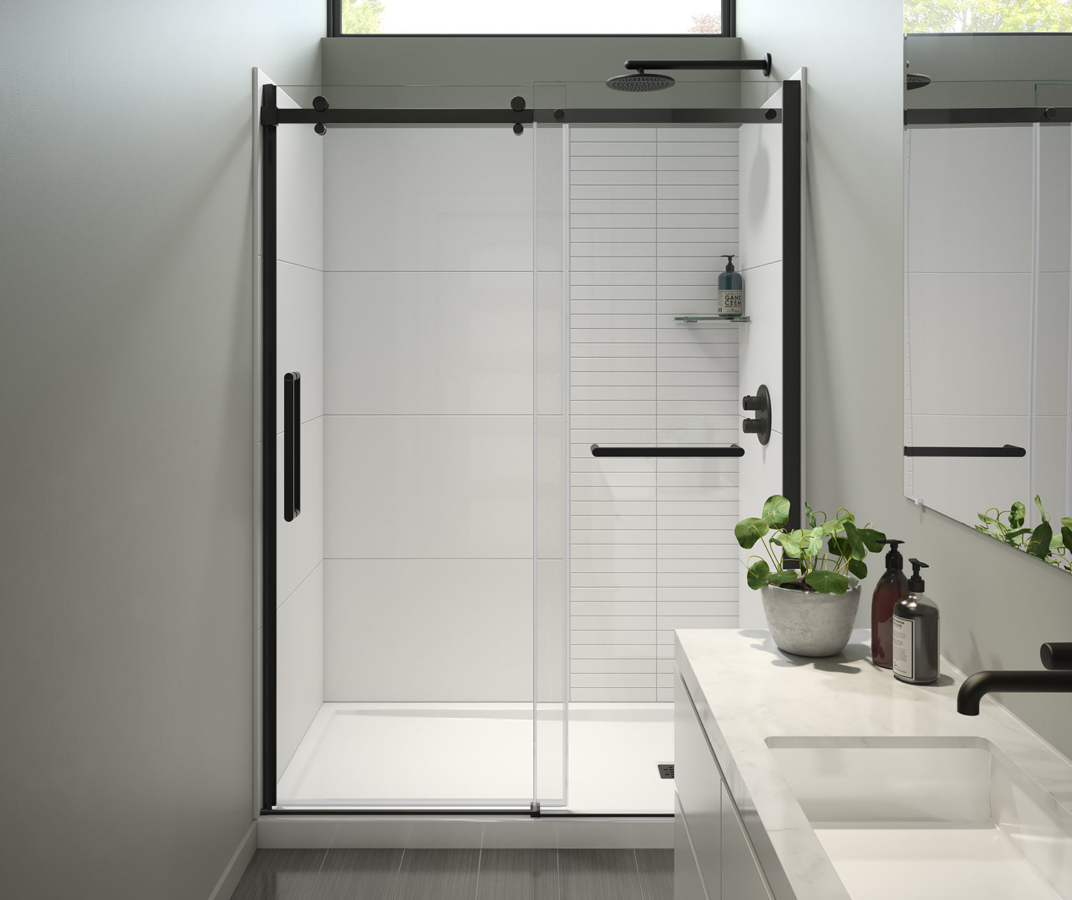 Halo Pro 56 ½-59 x 78 ¾ in. 8 mm Sliding Shower Door with Towel Bar for Alcove Installation with Clear glass in Matte Black - Plumbing Market