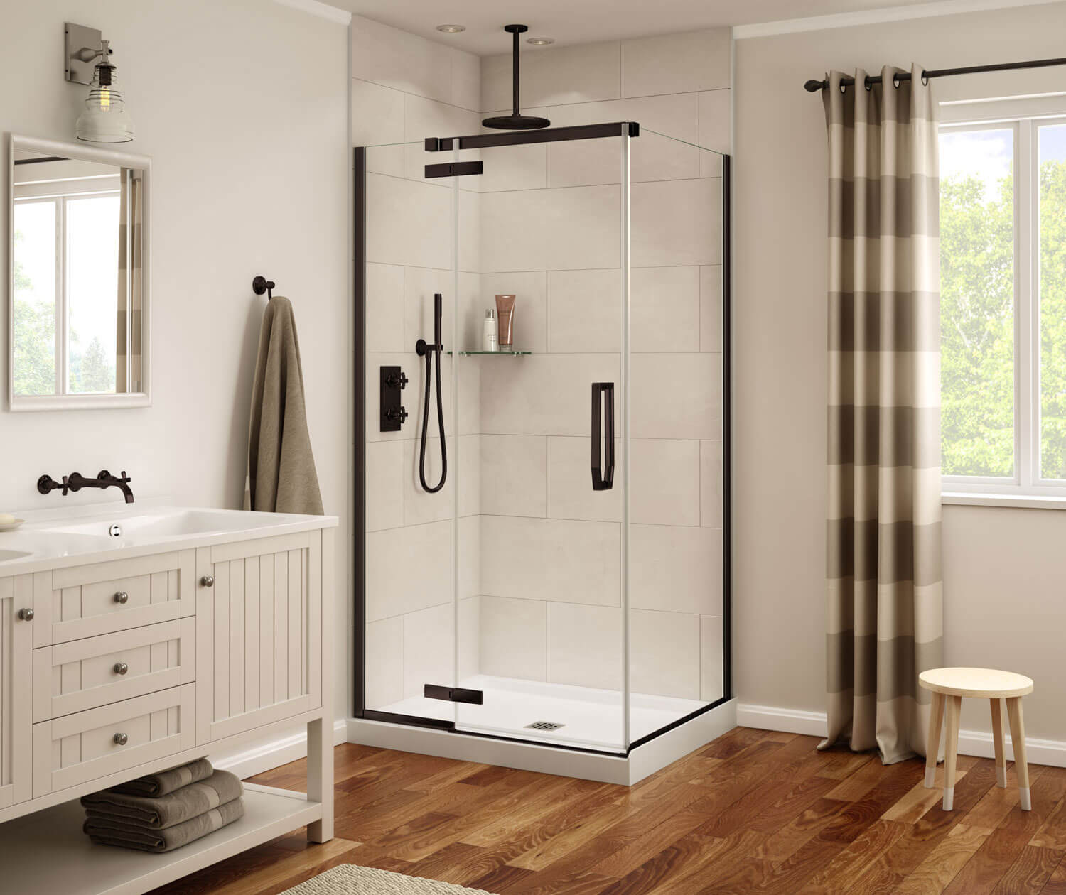 Davana Rectangular 42 x 34 x 75 in. 8mm Pivot Shower Door for Corner Installation with Clear glass in Dark Bronze - Plumbing Market
