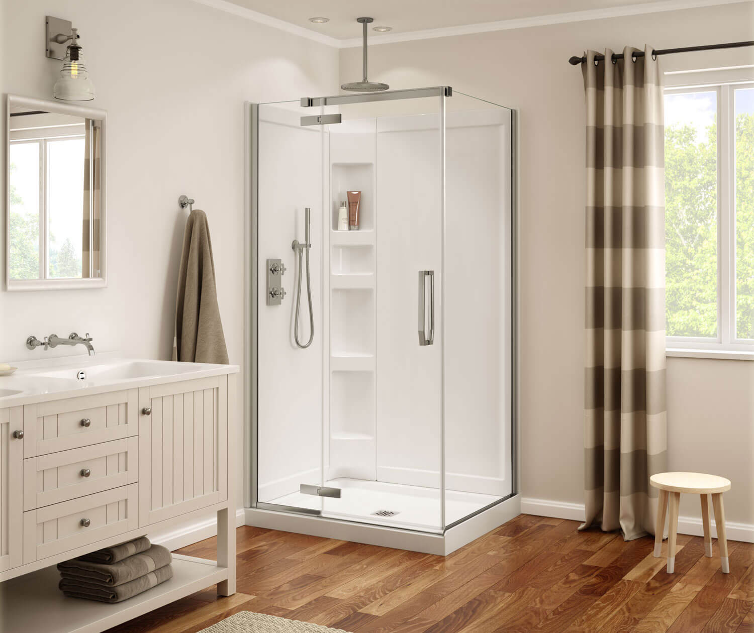 Davana Rectangular 42 x 34 x 75 in. 8mm Pivot Shower Door for Corner Installation with Clear glass in Brushed Nickel - Plumbing Market