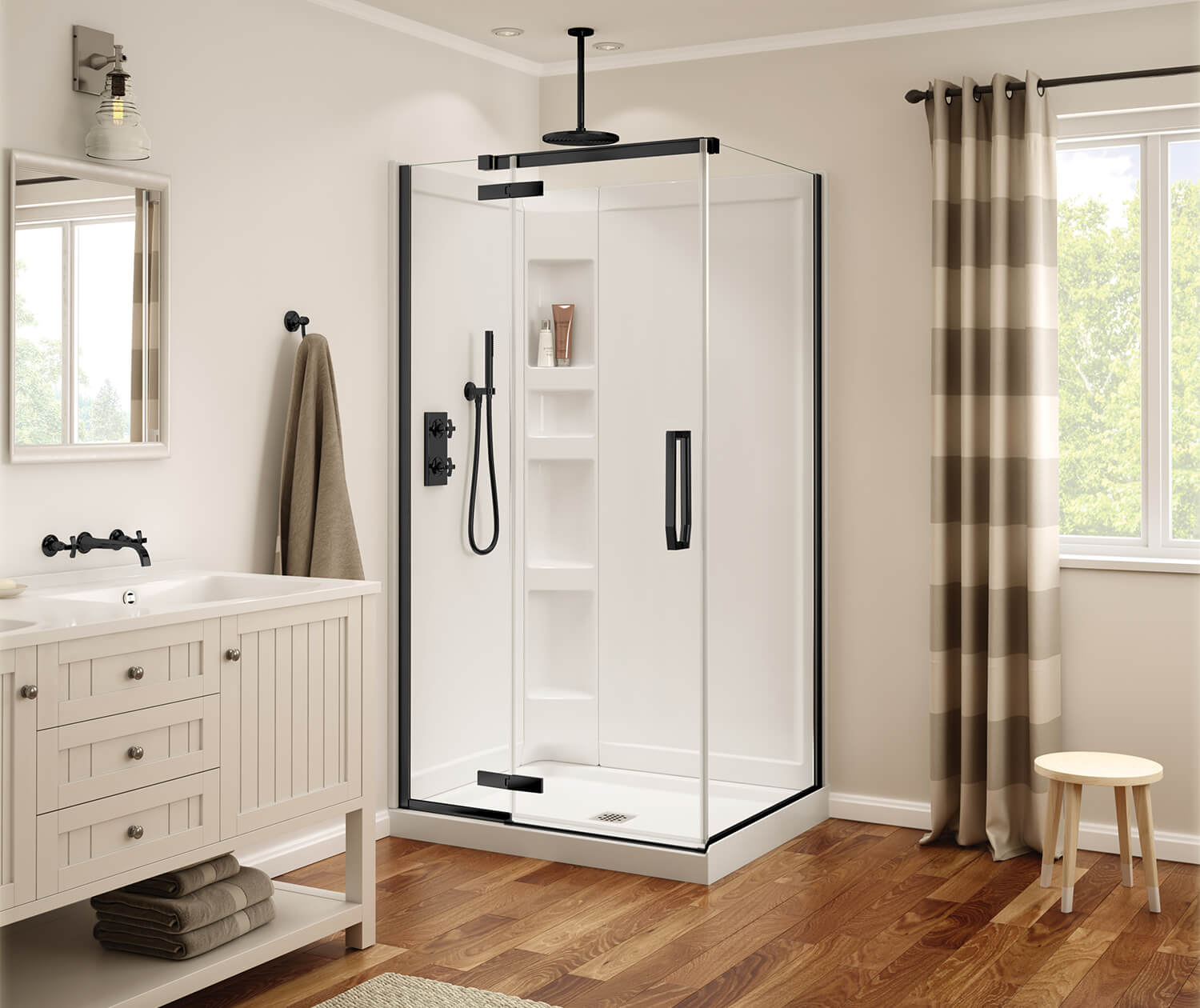 Davana Rectangular 42 x 34 x 75 in. 8mm Pivot Shower Door for Corner Installation with Clear glass in Matte Black - Plumbing Market
