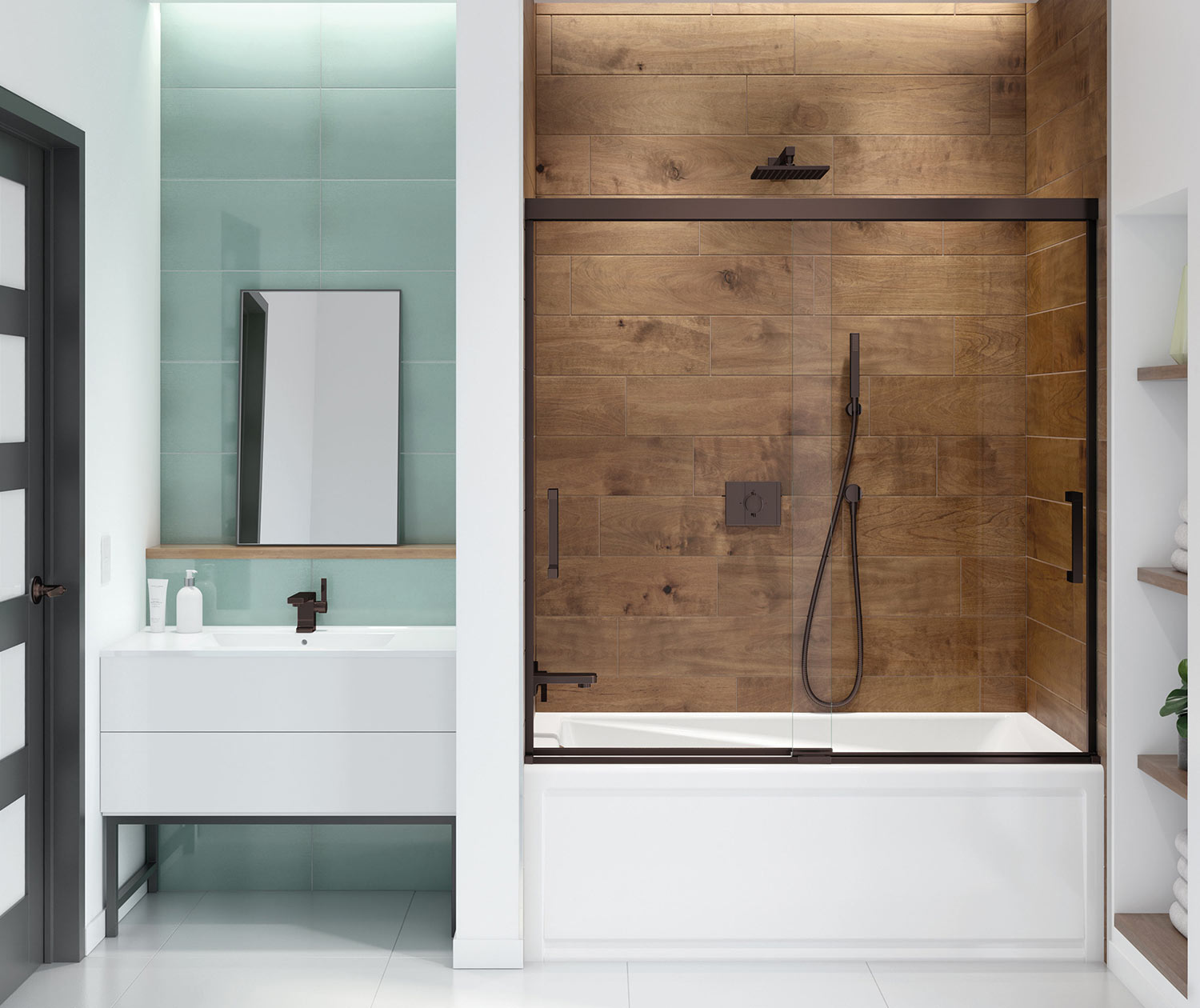 Incognito 57 56-59 x 56 ¾ in. 6 mm Bypass Tub Door for Alcove Installation with Clear glass in Dark Bronze - Plumbing Market