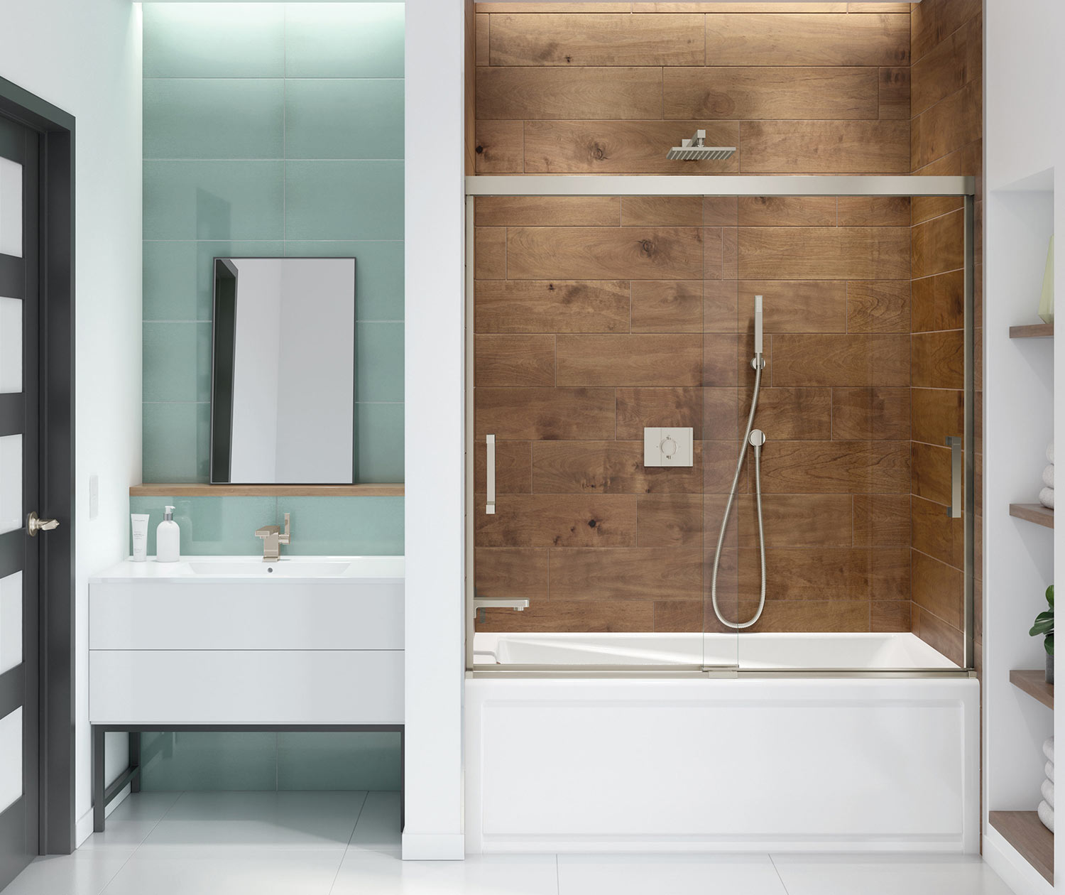 Incognito 57 56-59 x 56 ¾ in. 6 mm Bypass Tub Door for Alcove Installation with Clear glass in Brushed Nickel - Plumbing Market