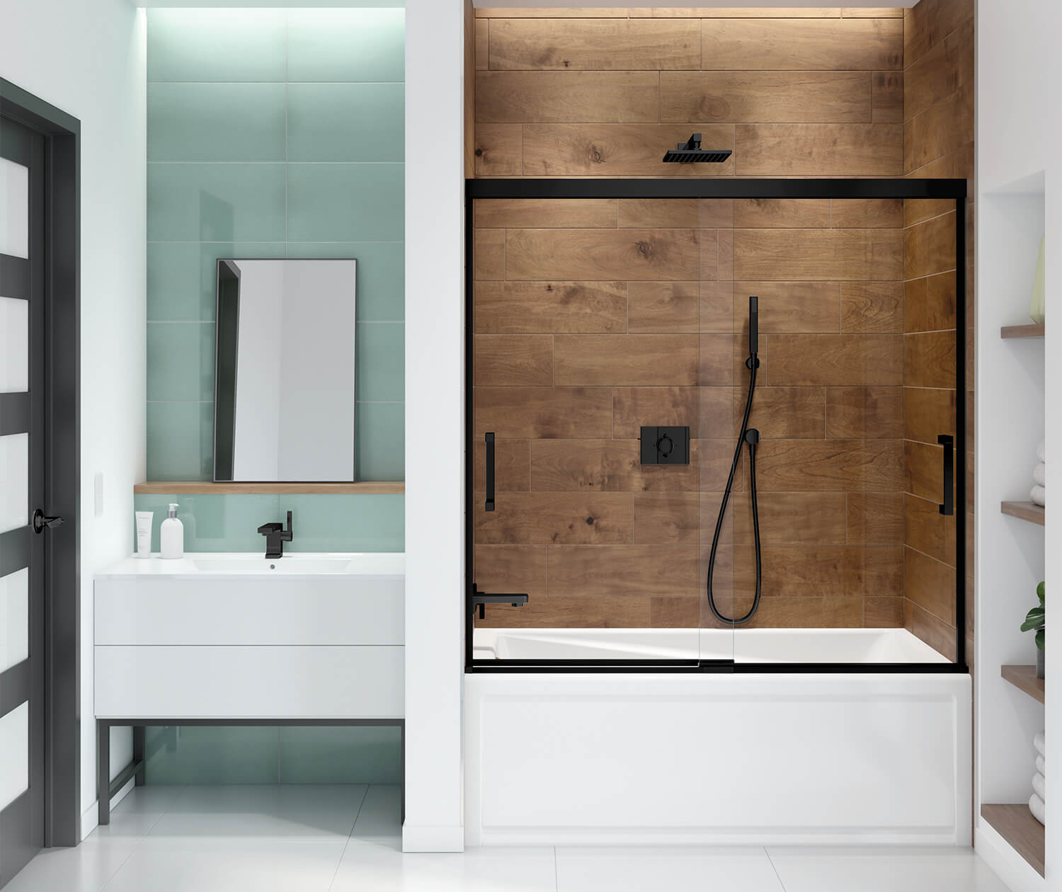 Incognito 57 56-59 x 56 ¾ in. 6 mm Bypass Tub Door for Alcove Installation with Clear glass in Matte Black - Plumbing Market