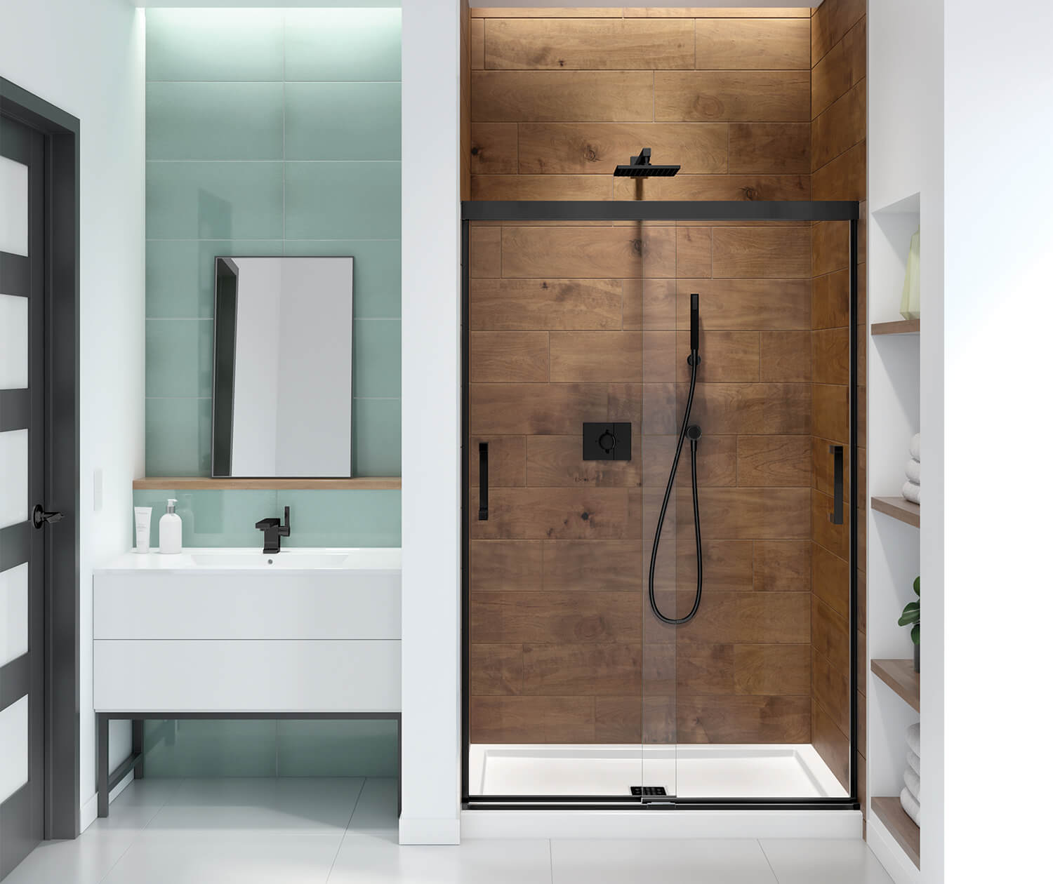 Incognito 70 44-47 x 70 ½ in. 8mm Bypass Shower Door for Alcove Installation with Clear glass in Matte Black - Plumbing Market