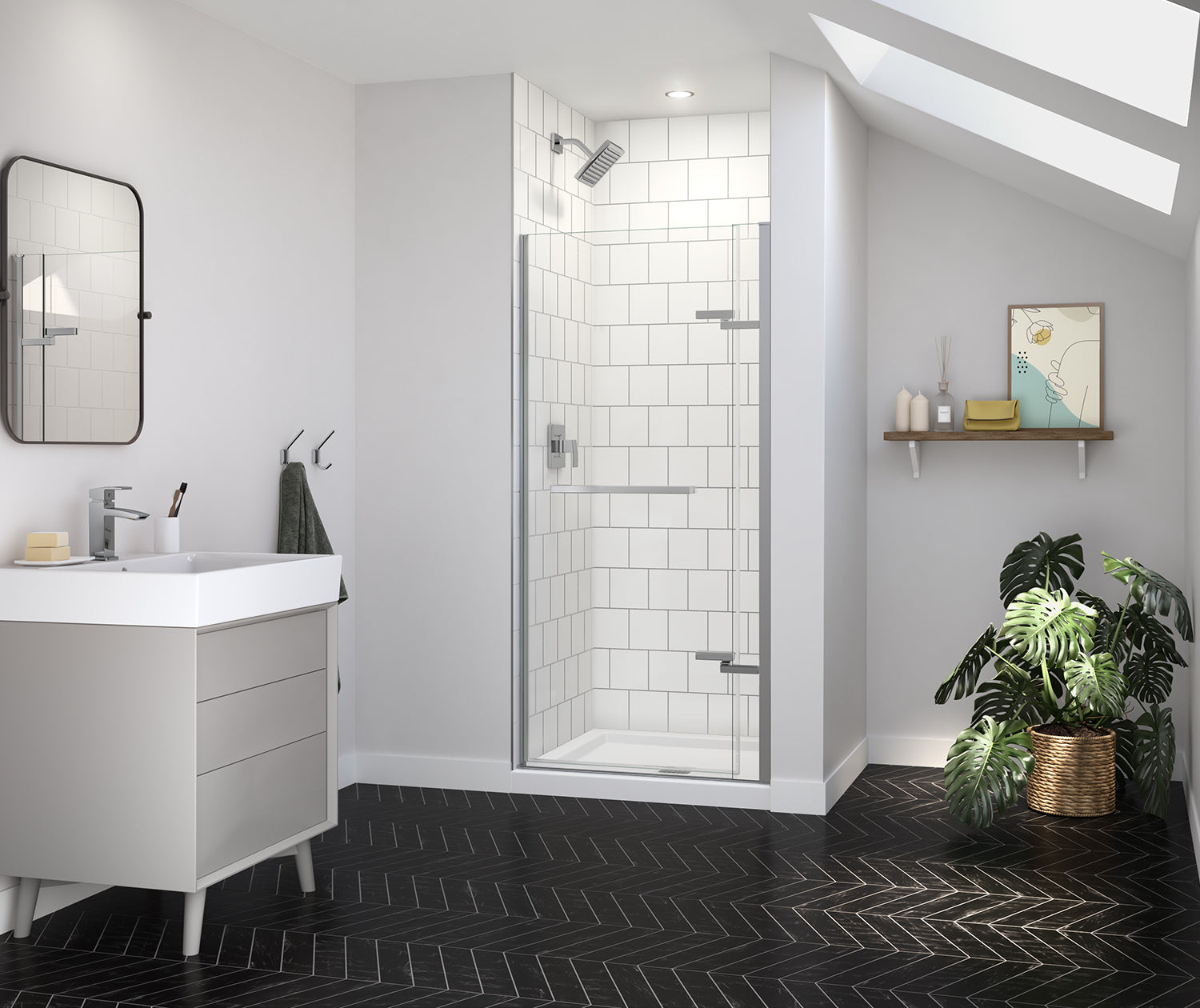 Reveal Sleek 71 32 1/2-35 1/2 x 71 1/2 in. 8mm Pivot Shower Door for Alcove Installation with Clear glass in Chrome - Plumbing Market