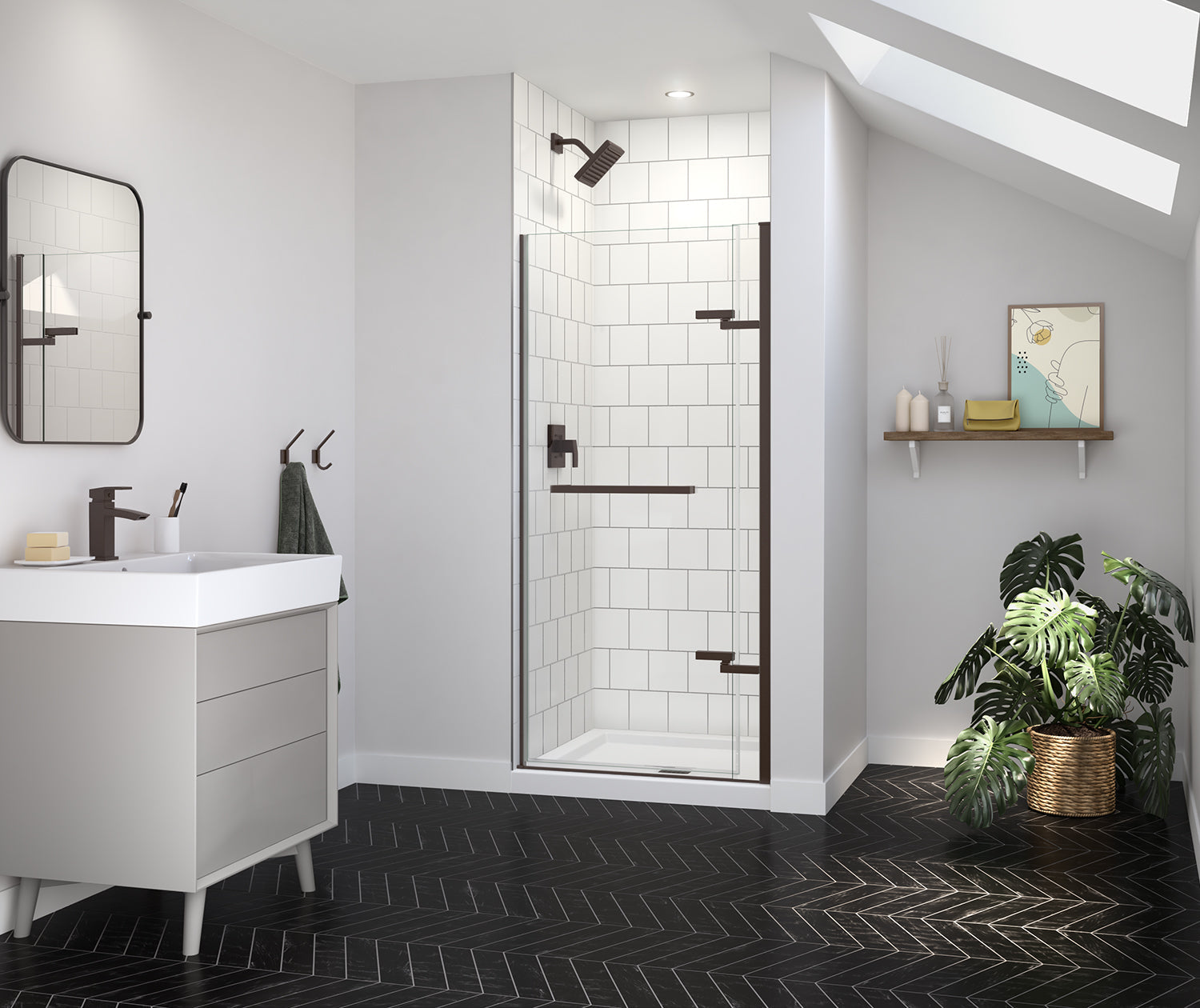 Reveal Sleek 71 32 1/2-35 1/2 x 71 1/2 in. 8mm Pivot Shower Door for Alcove Installation with Clear glass in Dark Bronze - Plumbing Market
