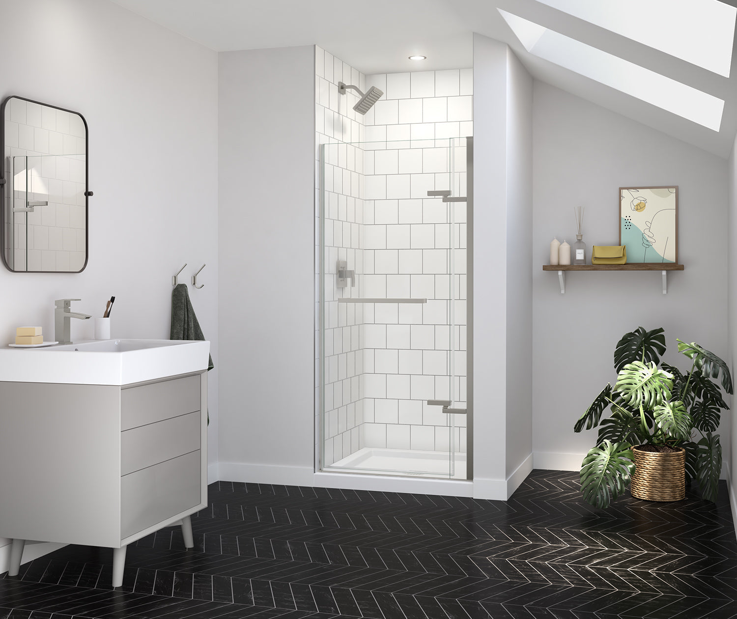 Reveal Sleek 71 32 1/2-35 1/2 x 71 1/2 in. 8mm Pivot Shower Door for Alcove Installation with Clear glass in Brushed Nickel - Plumbing Market