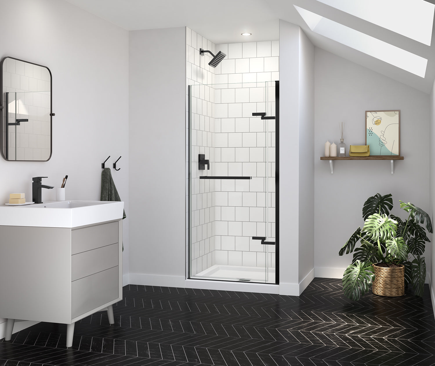 Reveal Sleek 71 32 1/2-35 1/2 x 71 1/2 in. 8mm Pivot Shower Door for Alcove Installation with Clear glass in Matte Black - Plumbing Market