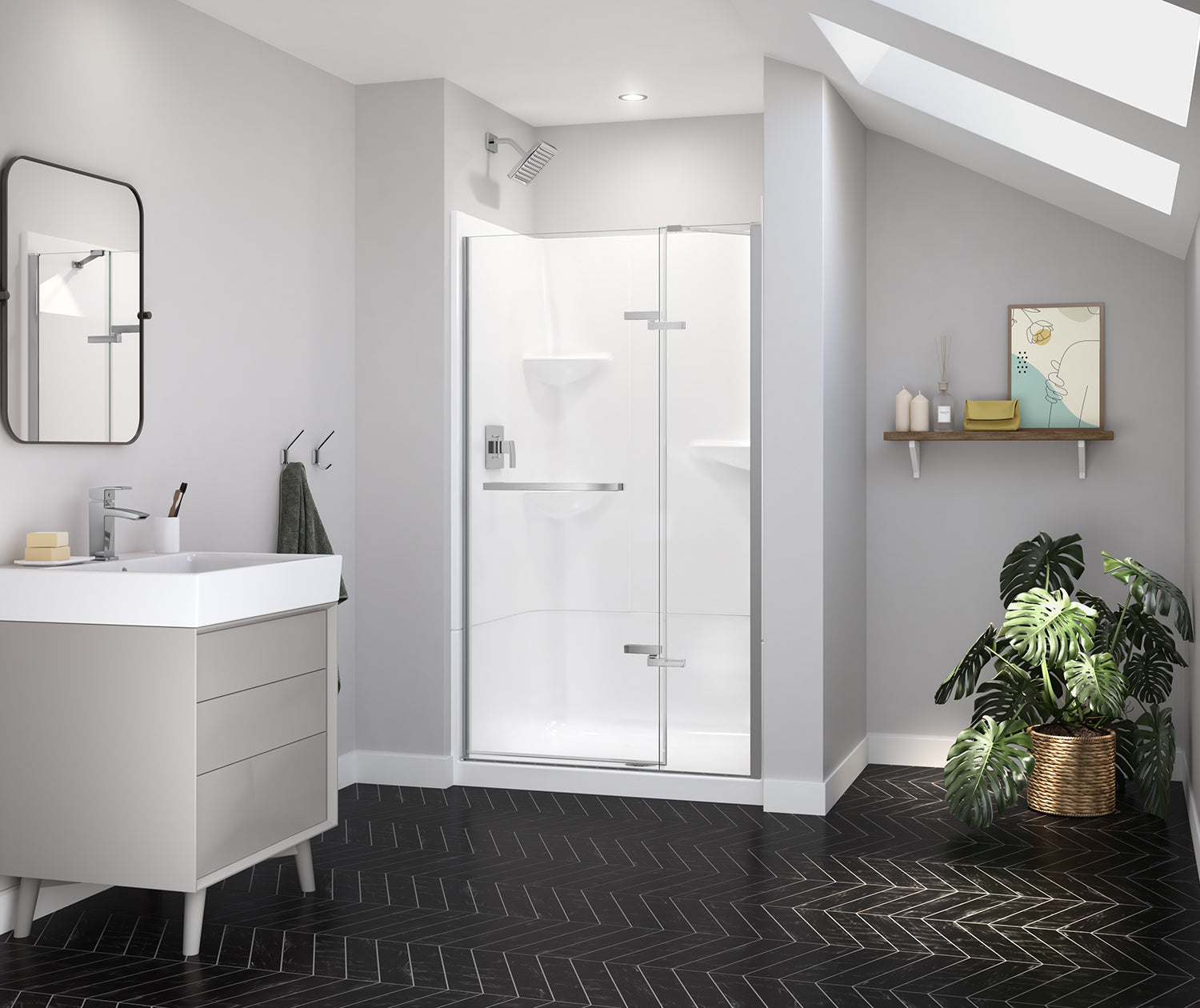 Reveal Sleek 71 41 1/2-44 1/2 x 71 1/2 in. 8mm Pivot Shower Door for Alcove Installation with Clear glass in Chrome - Plumbing Market