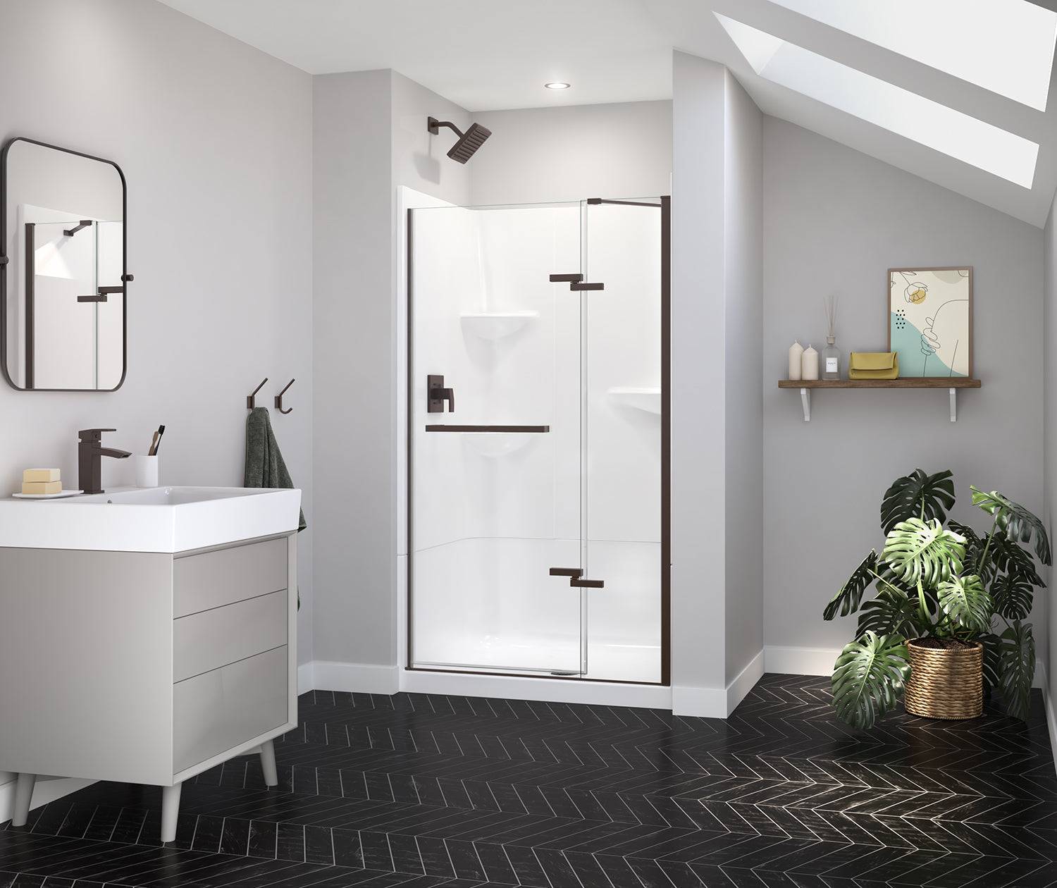 Reveal Sleek 71 41 1/2-44 1/2 x 71 1/2 in. 8 mm Pivot Shower Door for Alcove Installation with Clear glass in Dark Bronze - Plumbing Market