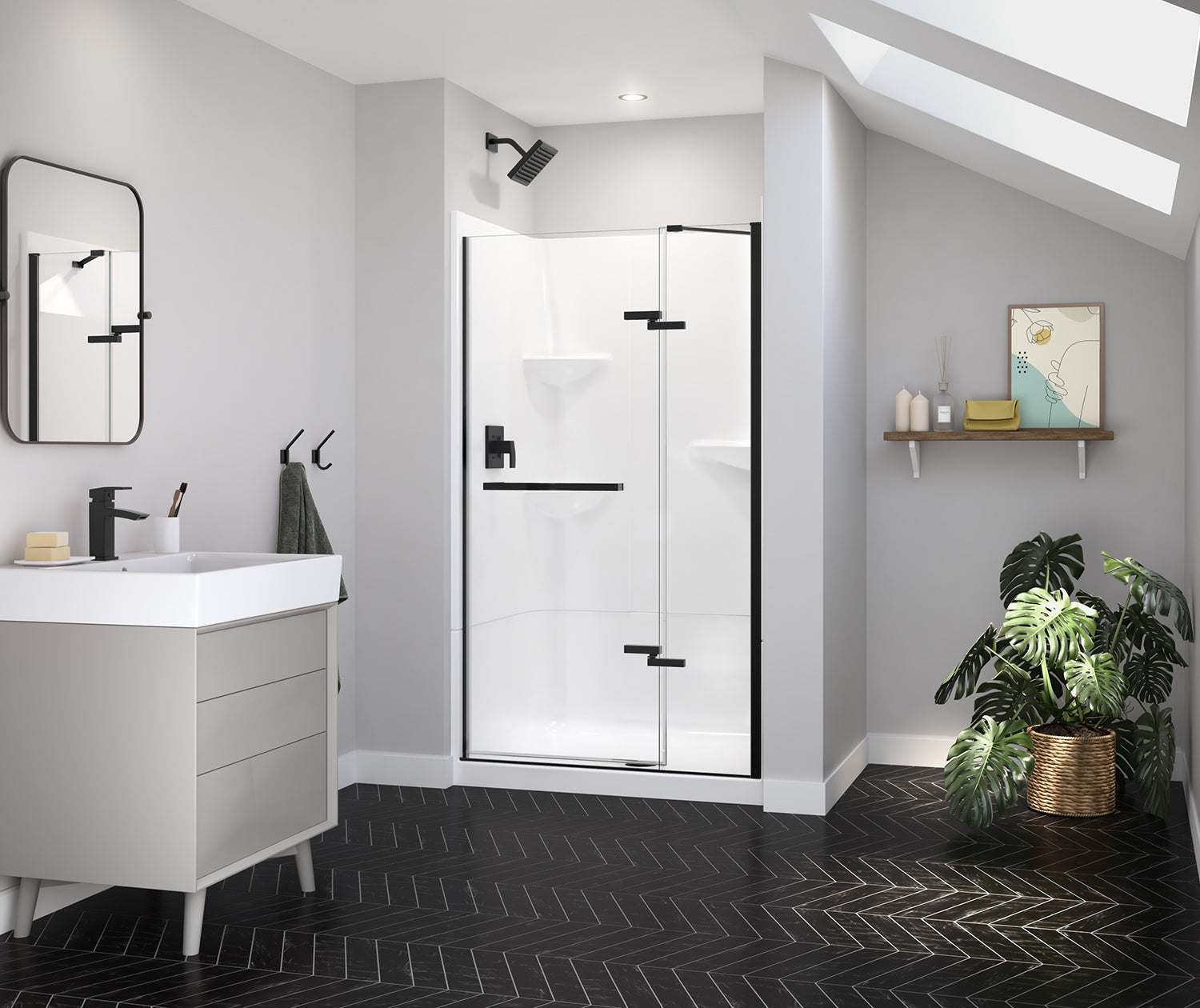 Reveal Sleek 71 41 1/2-44 1/2 x 71 1/2 in. 8mm Pivot Shower Door for Alcove Installation with Clear glass in Matte Black - Plumbing Market