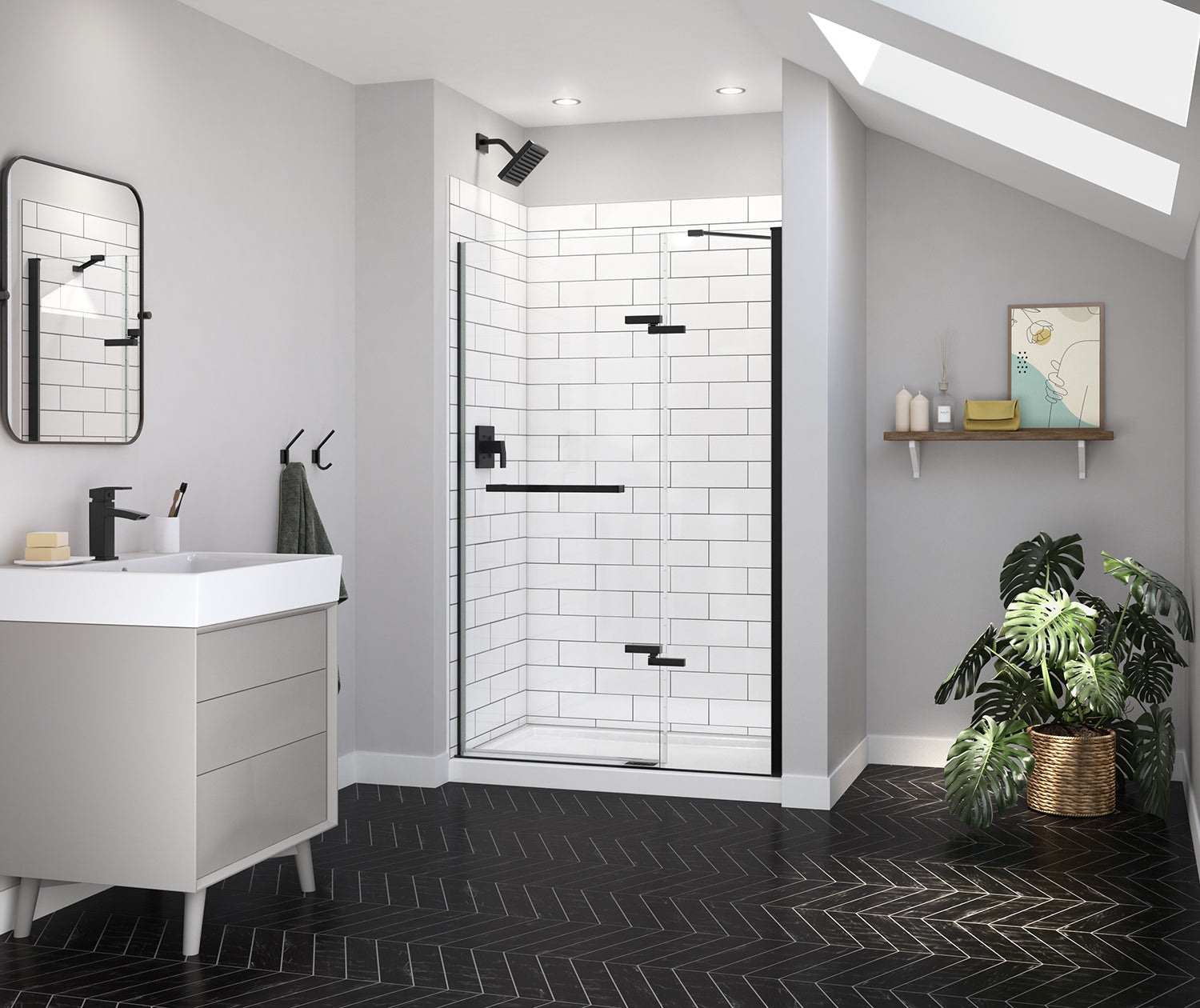 Reveal Sleek 71 44-47 x 71 1/2 in. 8mm Pivot Shower Door for Alcove Installation with Clear glass in Matte Black - Plumbing Market