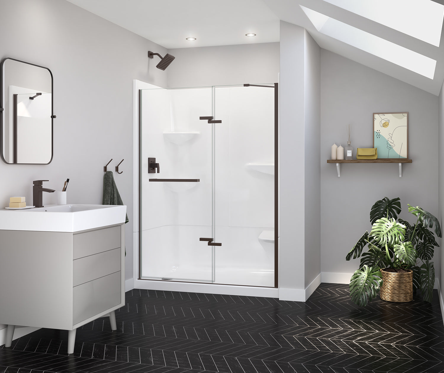 Reveal Sleek 71 51 1/2-54 1/2 x 71 1/2 in. 8 mm Pivot Shower Door for Alcove Installation with Clear glass in Dark Bronze - Plumbing Market