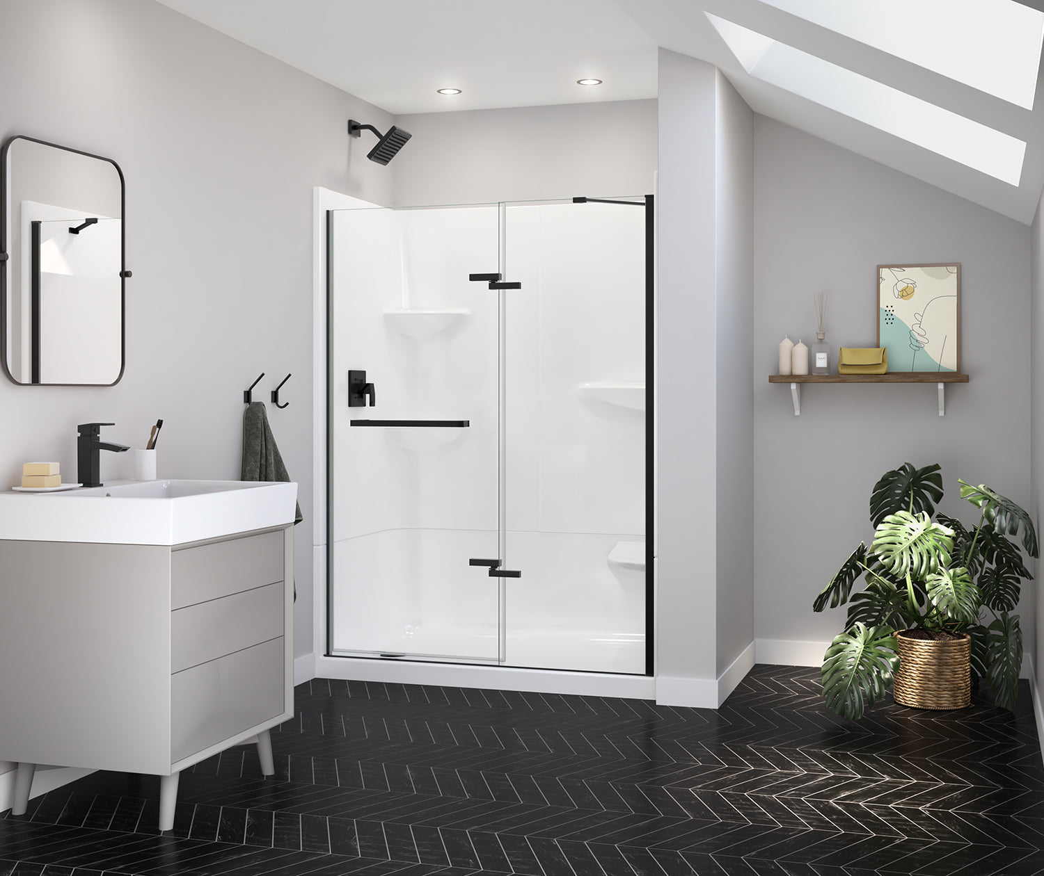 Reveal Sleek 71 51 1/2-54 1/2 x 71 1/2 in. 8mm Pivot Shower Door for Alcove Installation with Clear glass in Matte Black - Plumbing Market