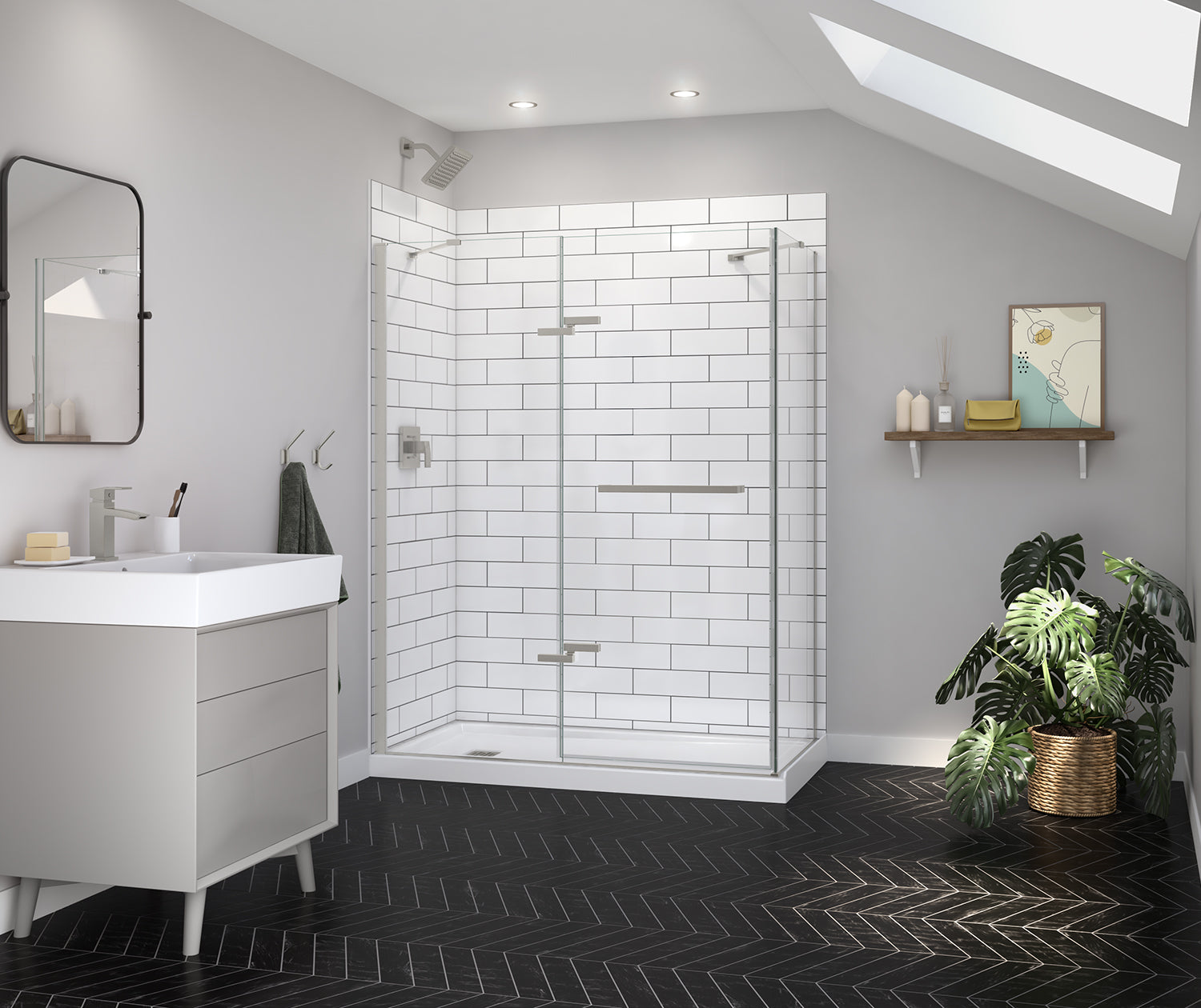 Reveal Sleek 71 Return Panel for 34 in. Base with Clear glass in Brushed Nickel - Plumbing Market