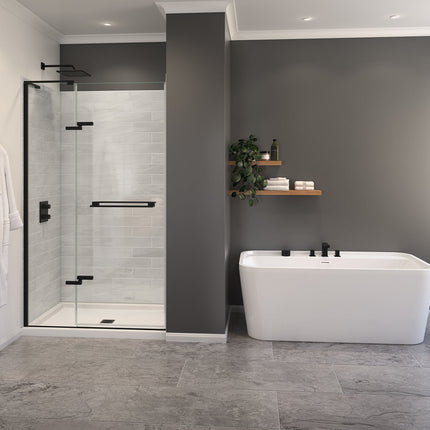 Capella 78 44-47 x 78 in. 8 mm Pivot Shower Door for Alcove Installation with GlassShield® glass in Matte Black - Plumbing Market