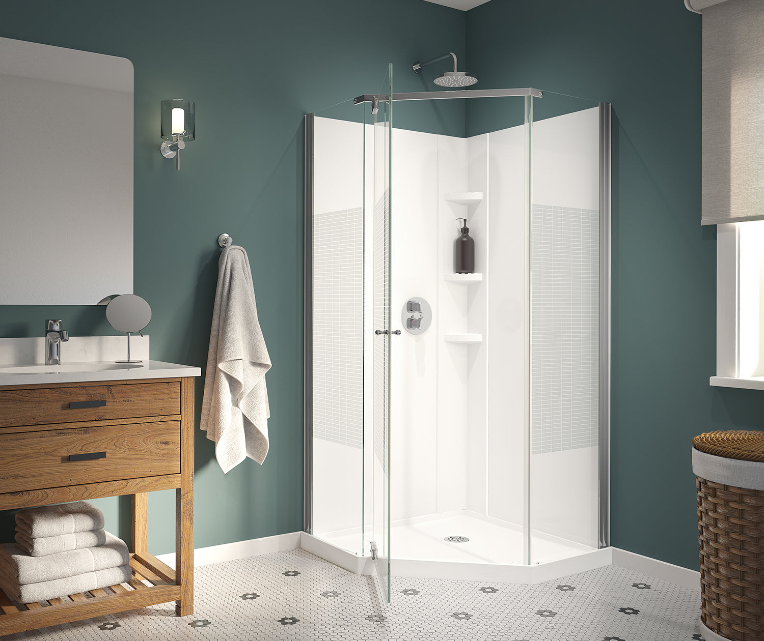 Maax Begonia Carbon 36 x 36 Polystyrene Center Drain Shower Kit in White with Carbon glass  in Chrome 300012-000-129-104 - Plumbing Market