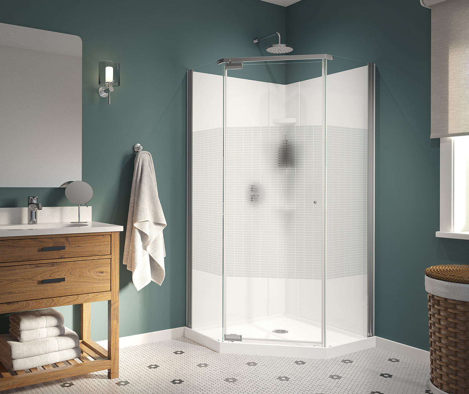 Maax Begonia Carbon 36 x 36 Polystyrene Center Drain Shower Kit in White with Carbon glass  in Chrome 300012-000-129-104 - Plumbing Market