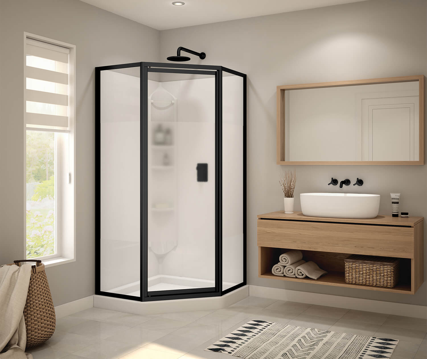 Maax Orchid 38 x 38 Polystyrene Center Drain Shower Kit in White with Centre Silk glass  in Matte Black 300022-000-129-103 - Plumbing Market