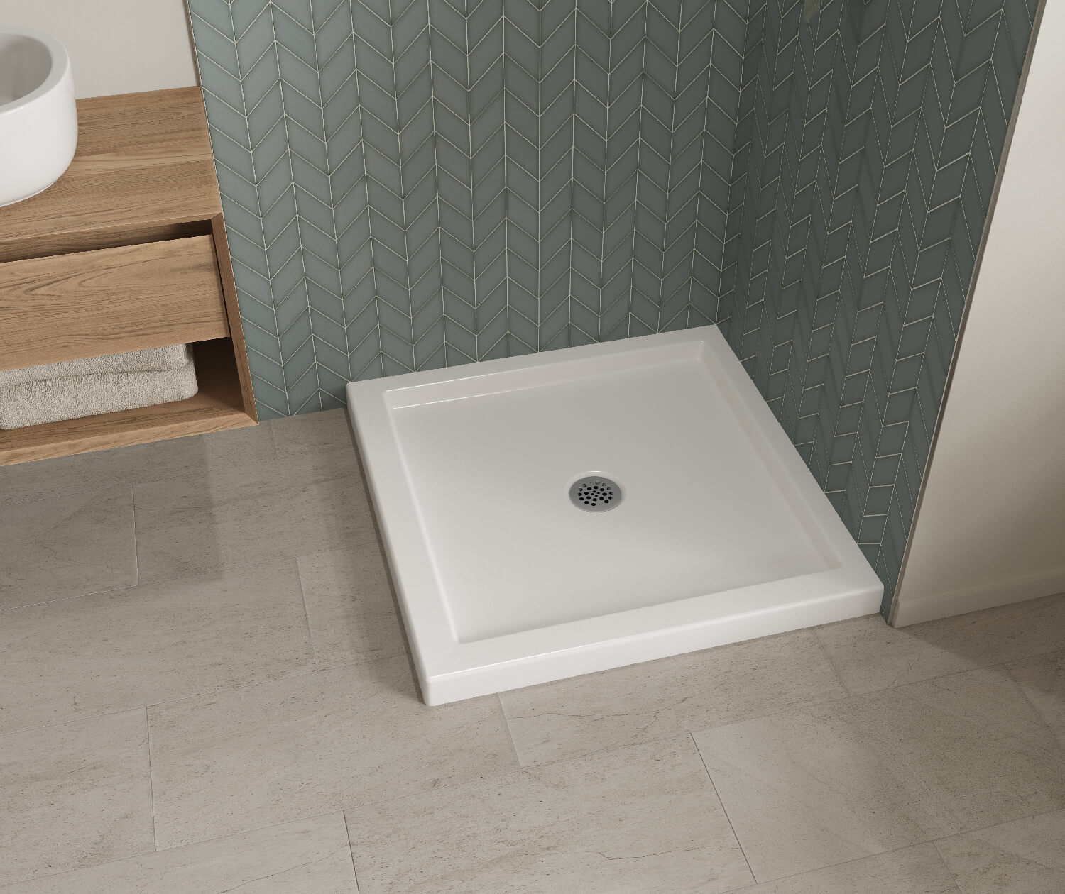 B3Round 3636 Acrylic Corner Left or Right Shower Base in White with Center Drain - Plumbing Market