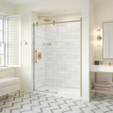 Odyssey SC 57-59 ½ x 78in. 8 mm Sliding Shower Door for Alcove Installation with Clear glass in Brushed Gold - Plumbing Market