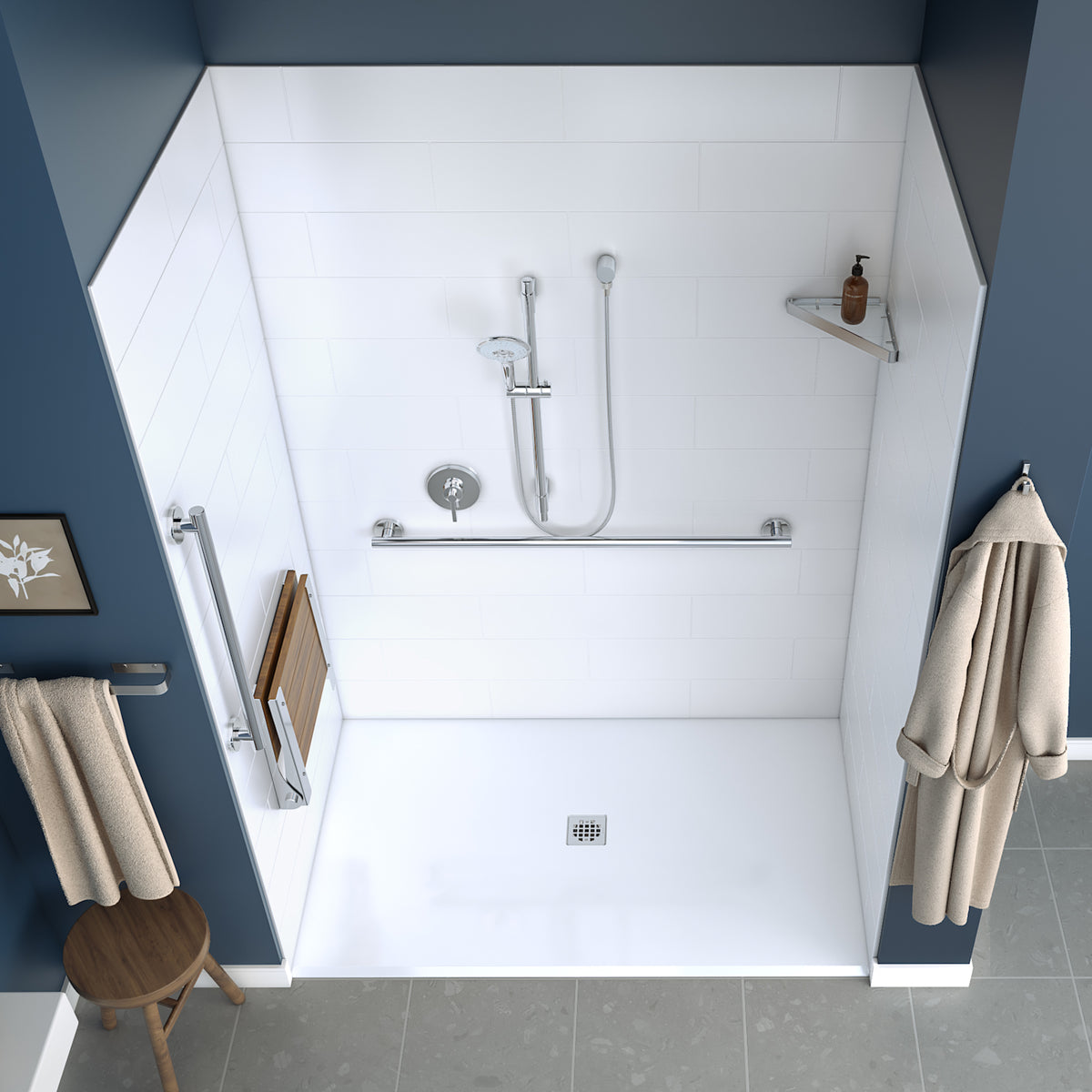 Maax Acolyte 6238 Acrylic Alcove Shower Base in White with Anti-slip and ABS Center Drain in Matte Black
