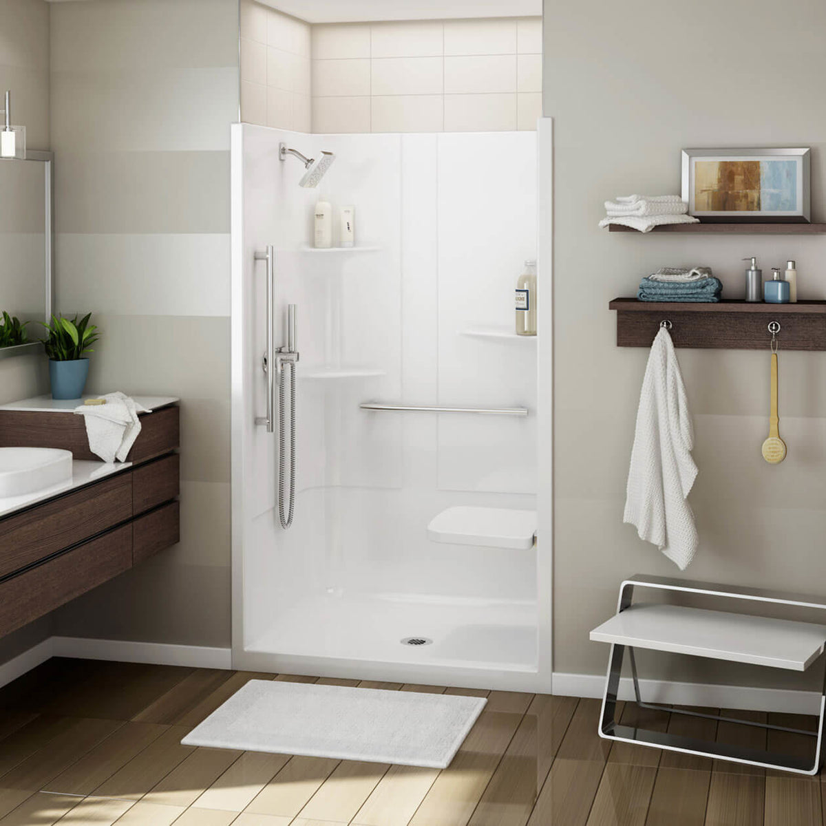 Maax Allia SH-4834 Acrylic Alcove Center Drain Right Molded Seat One-Piece Shower in White - image 2