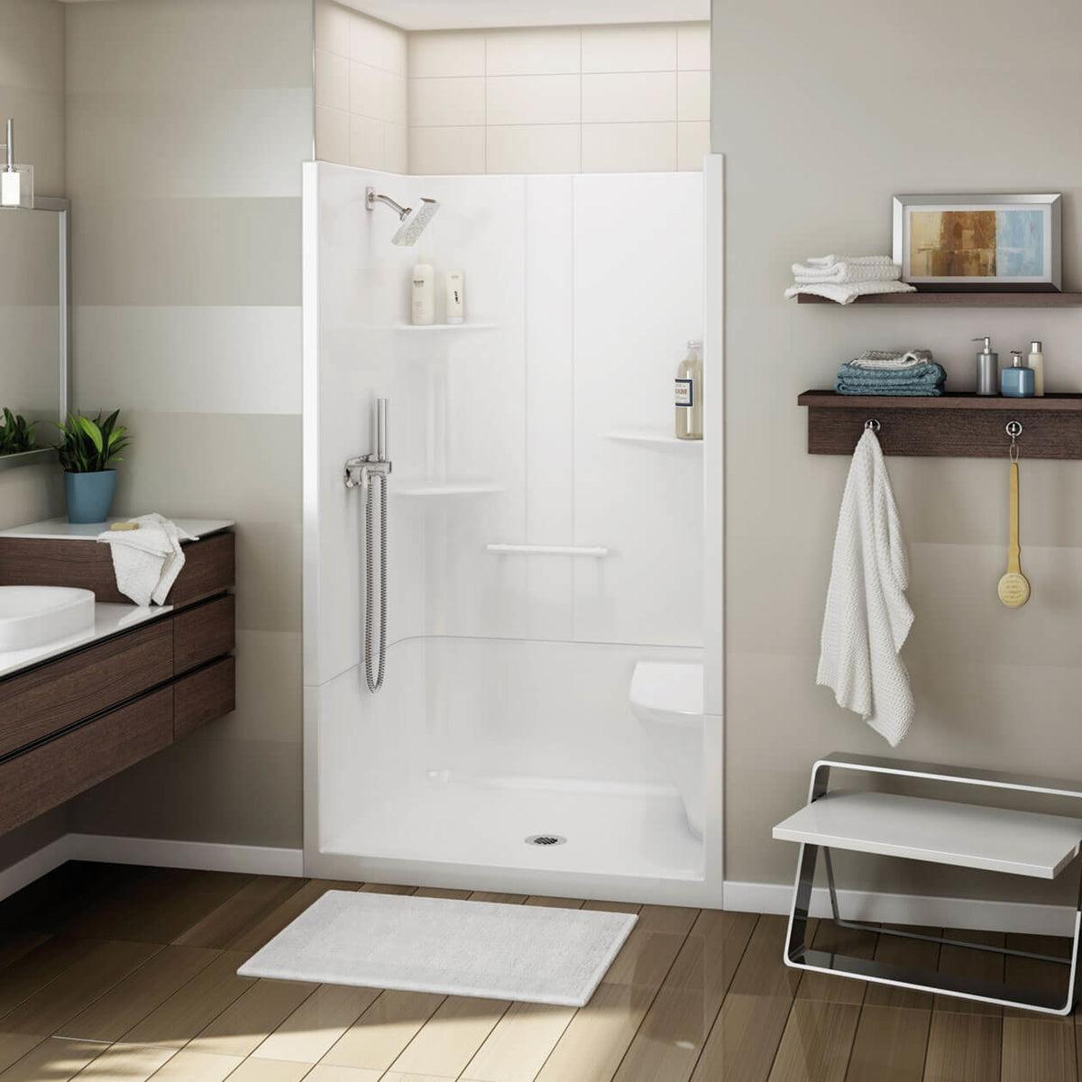 Maax Allia SH-4834 Acrylic Alcove Center Drain Right Molded Seat Two-Piece Shower in White