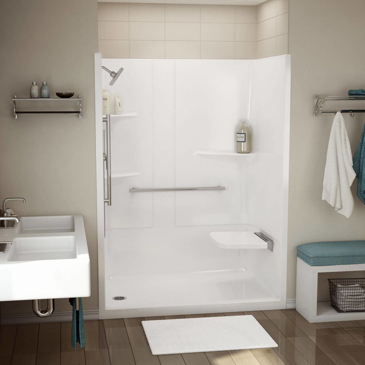 Maax Allia SH-6034 Acrylic Alcove Left Molded Seat One-Piece Shower in White - image 2