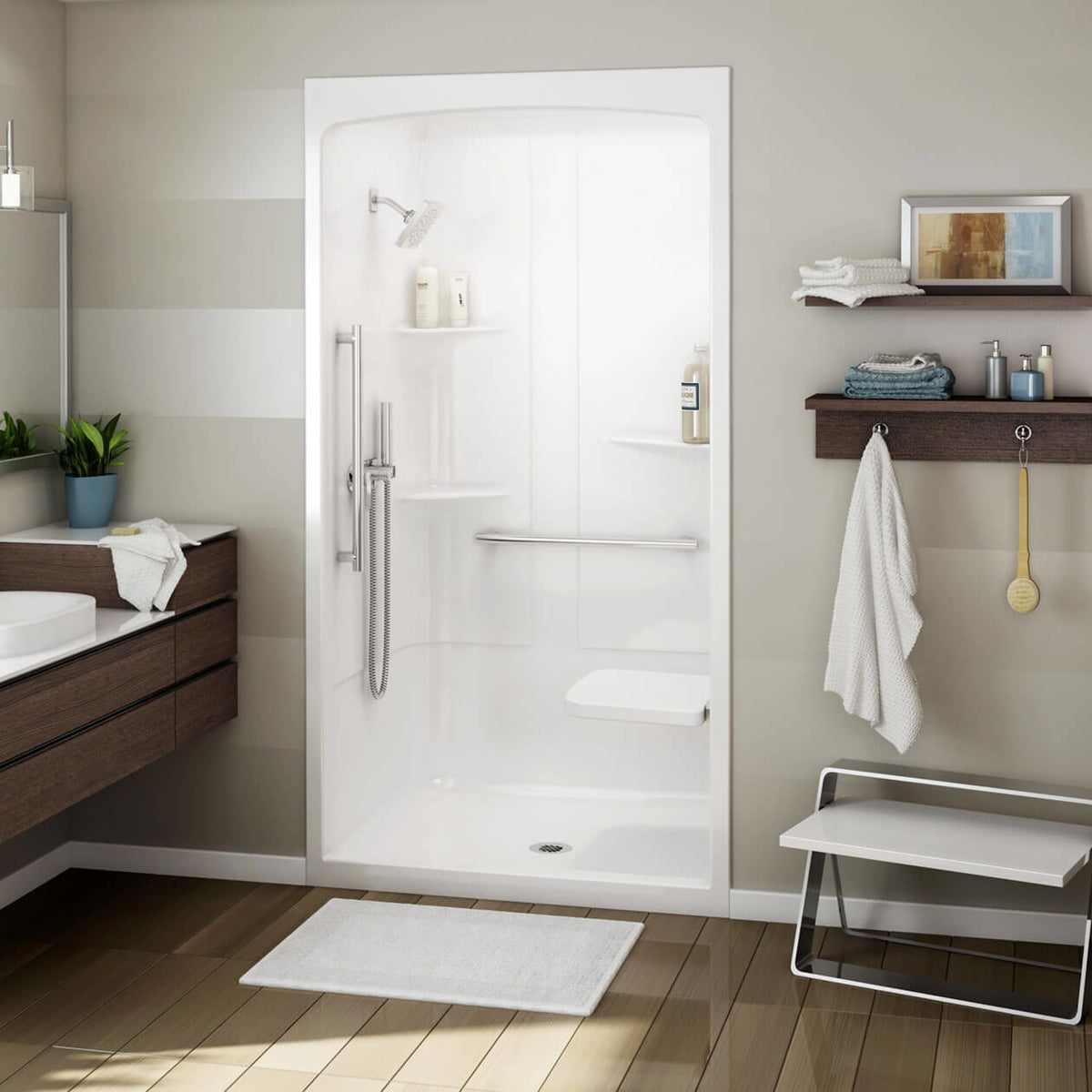 Maax Allia SHR-4834 Acrylic Alcove Center Drain Left Molded Seat One-Piece Shower in White - image 2