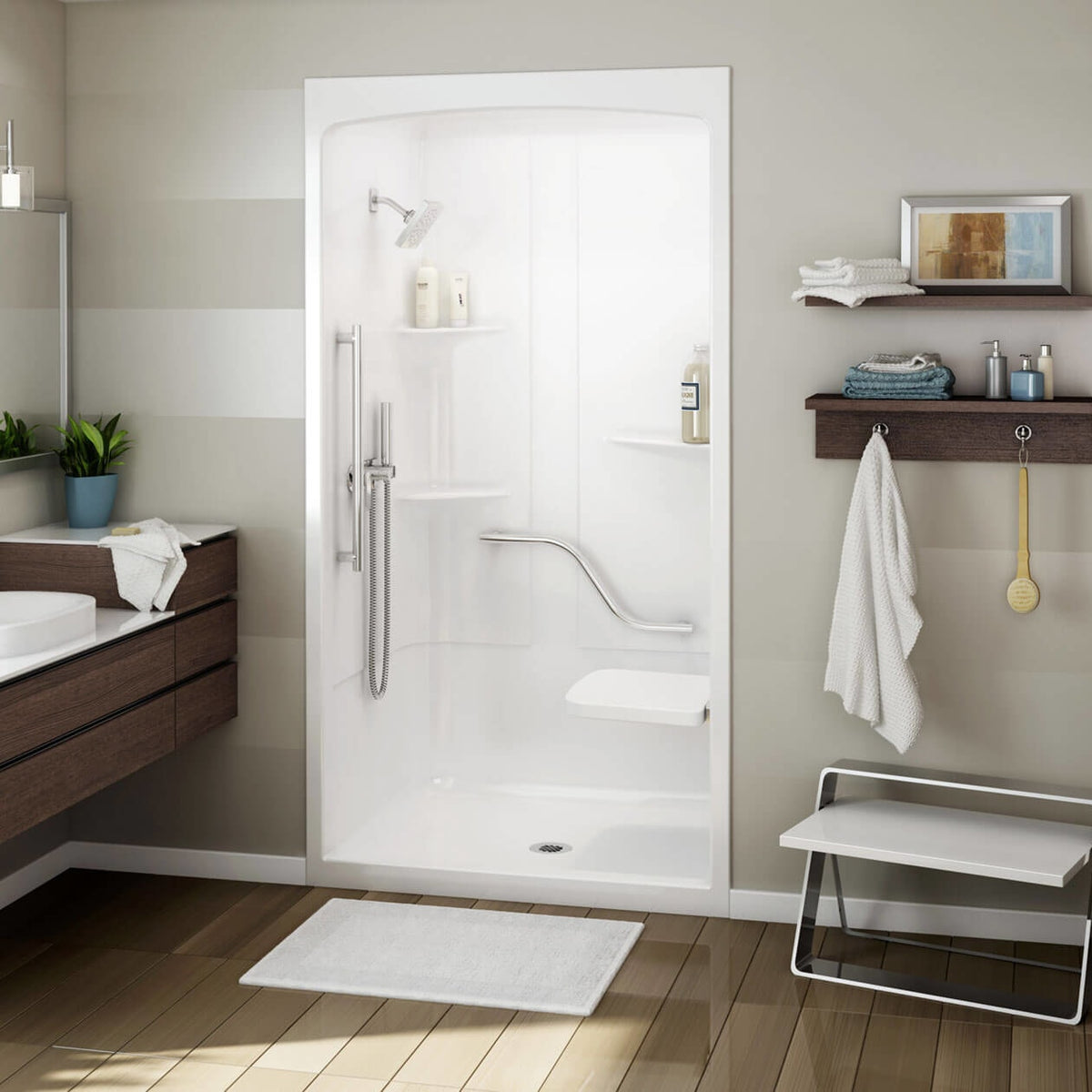 Maax Allia SHR-4834 Acrylic Alcove Center Drain Left Molded Seat One-Piece Shower in White - image 4