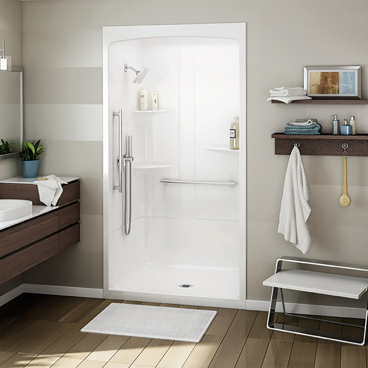 Maax Allia SHR-4834 Acrylic Alcove Center Drain Left Molded Seat Three-Piece Shower in White - image 3