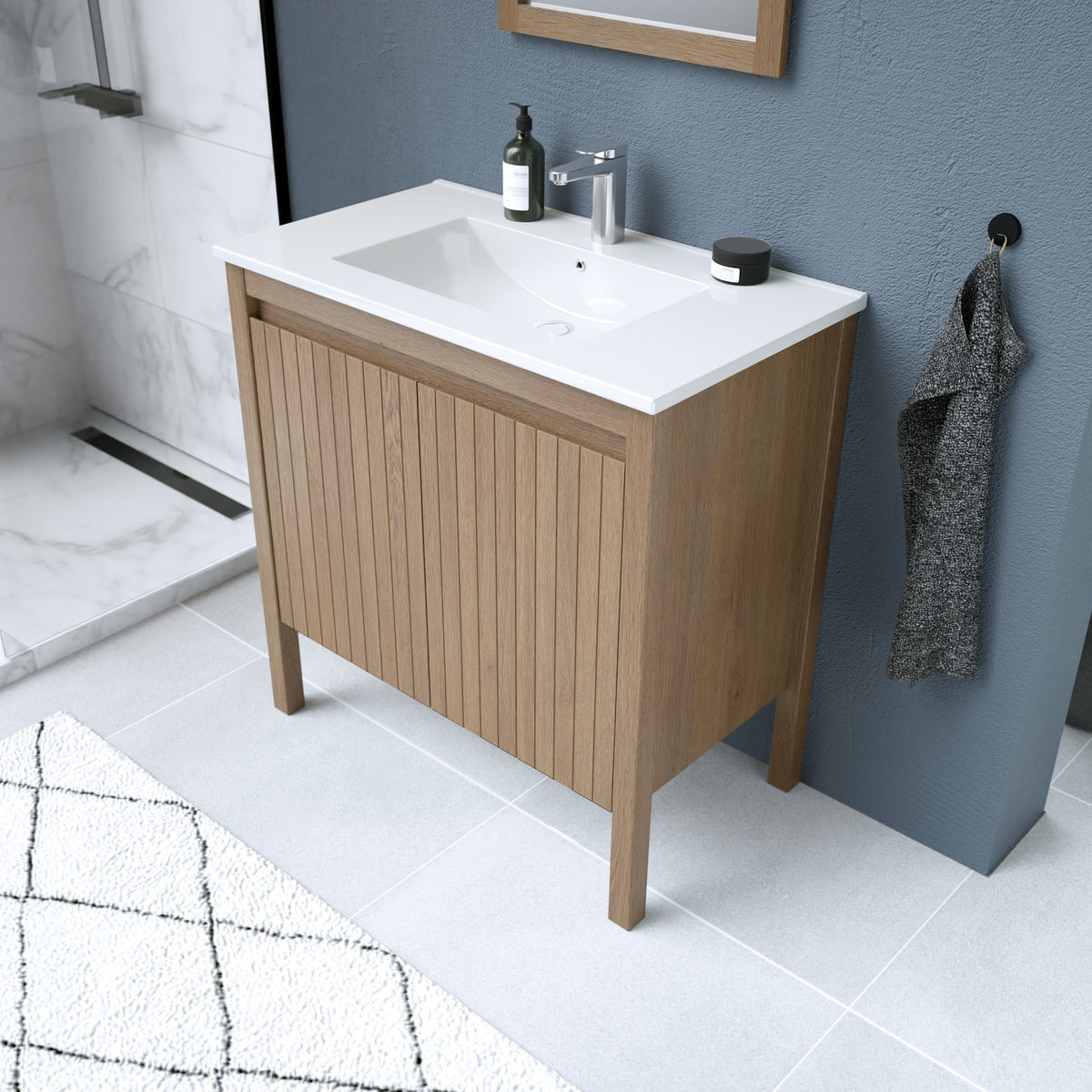 Maax Azaria 30 in Freestanding Single Sink Vanity with Matching Mirror in Warm Oak