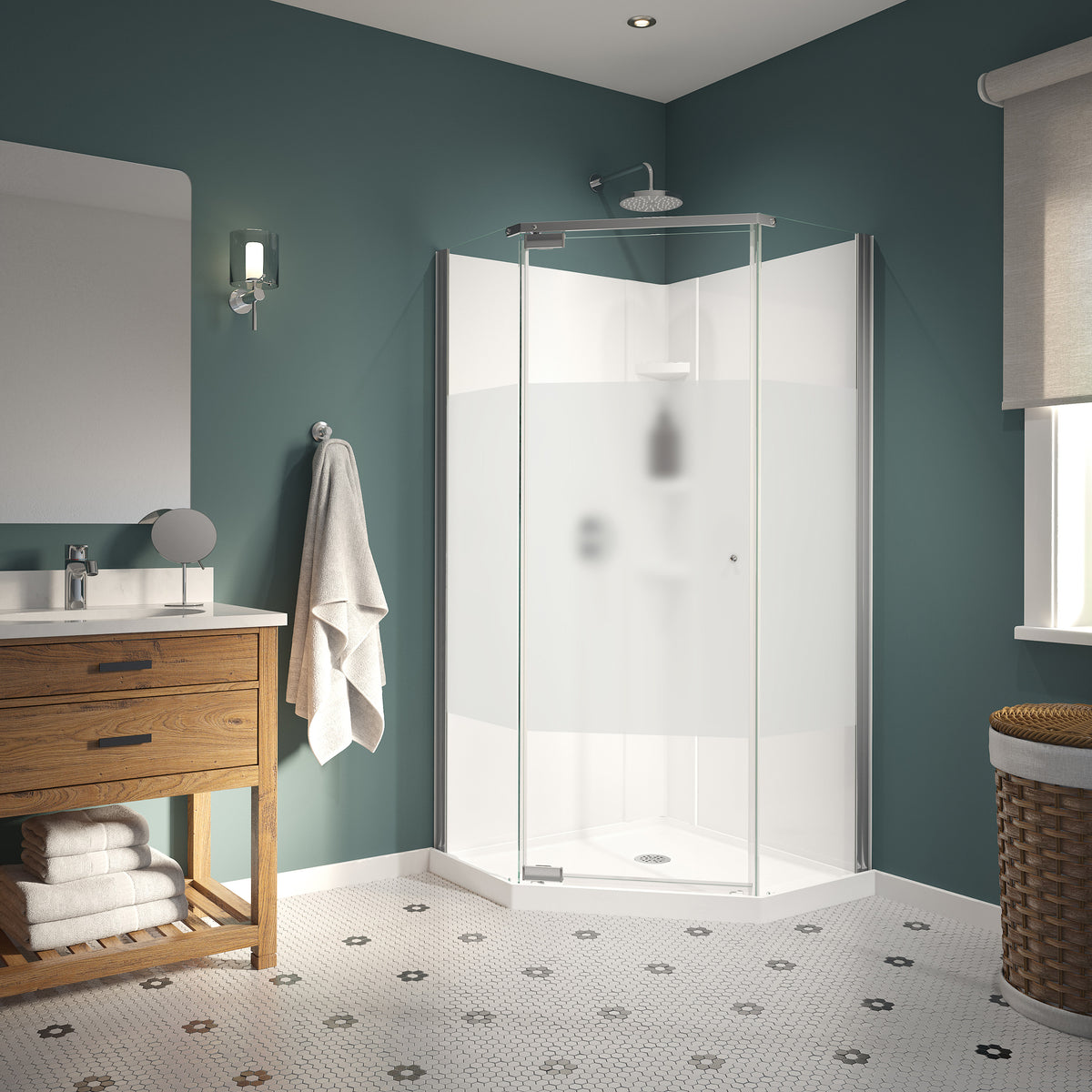 Maax Begonia Centre Silk 36 x 36 Polystyrene Center Drain Shower Kit in White with Centre Silk Glass in Chrome