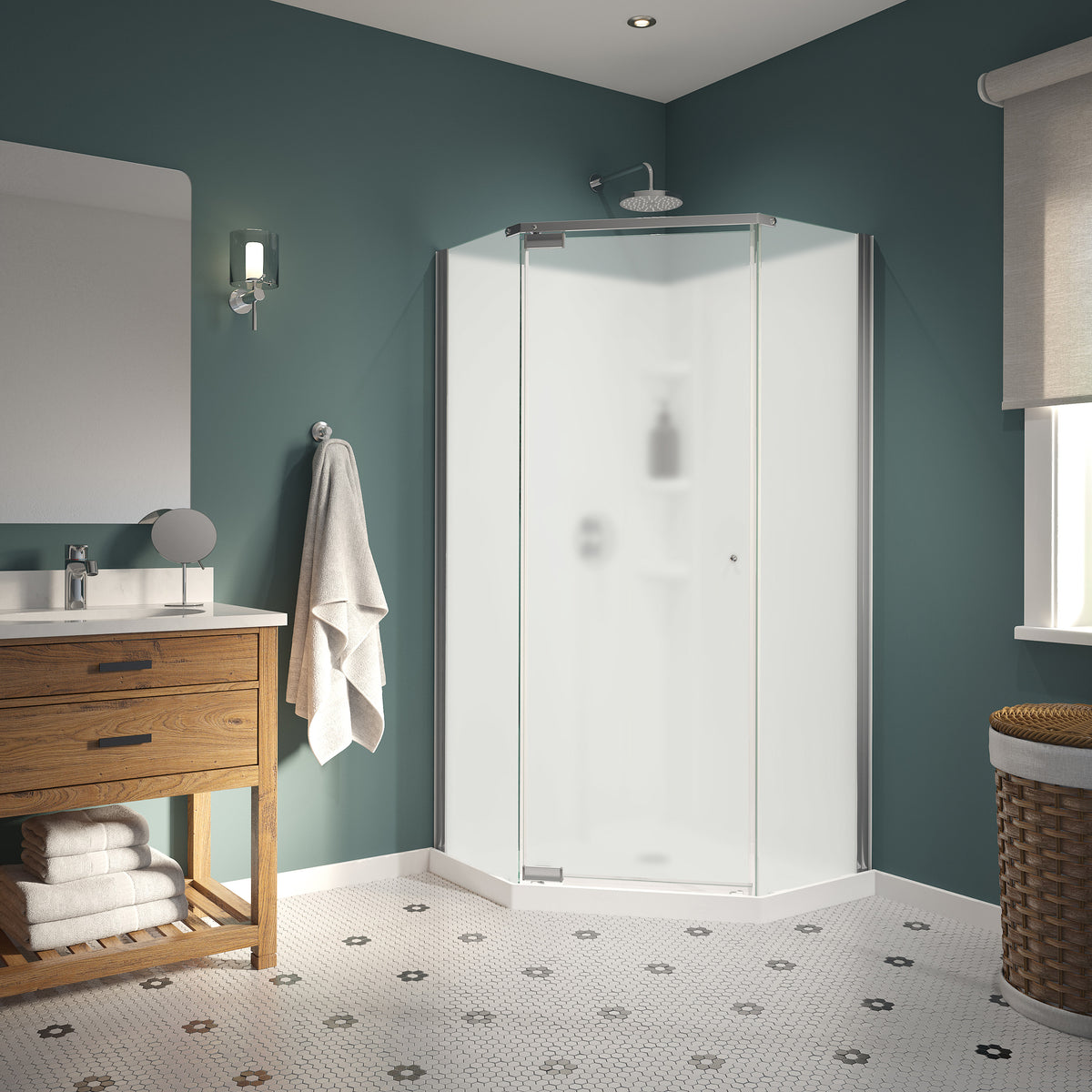Maax Begonia Pebble 36 x 36 Polystyrene Center Drain Shower Kit in White with Pebble glass in Chrome