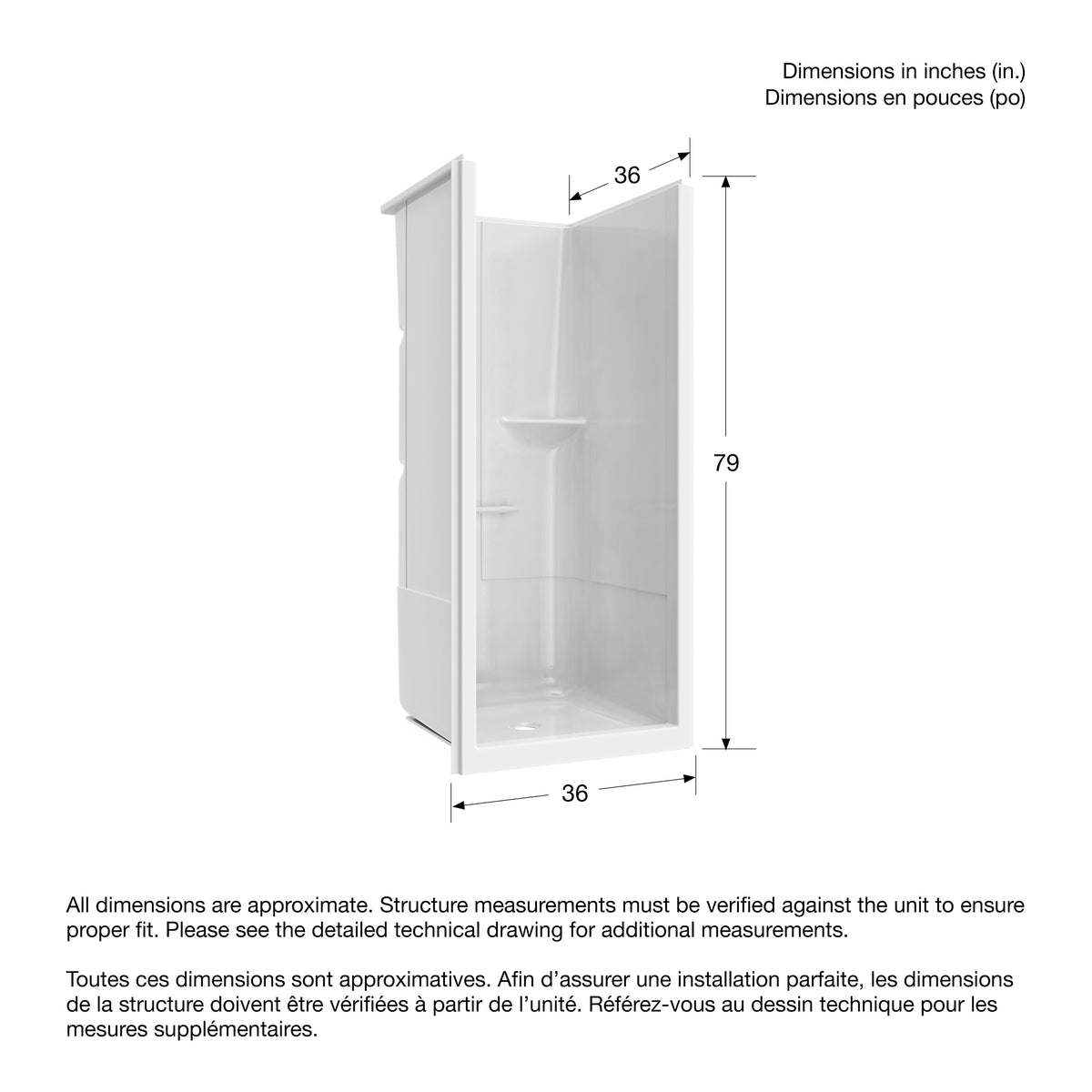 Maax Camelia SH-3636 Acrylic Alcove Center Drain No Seat One-Piece Shower in White - image 2