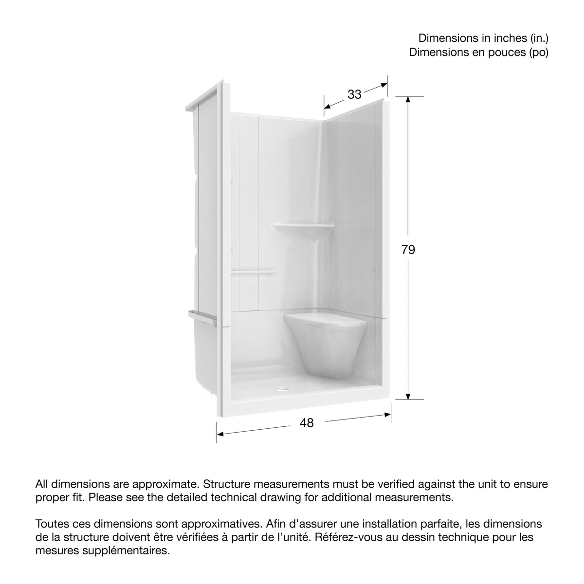 Maax Camelia SH-4834 Acrylic Alcove Center Drain Left Molded Seat Two-Piece Shower in White - image 12