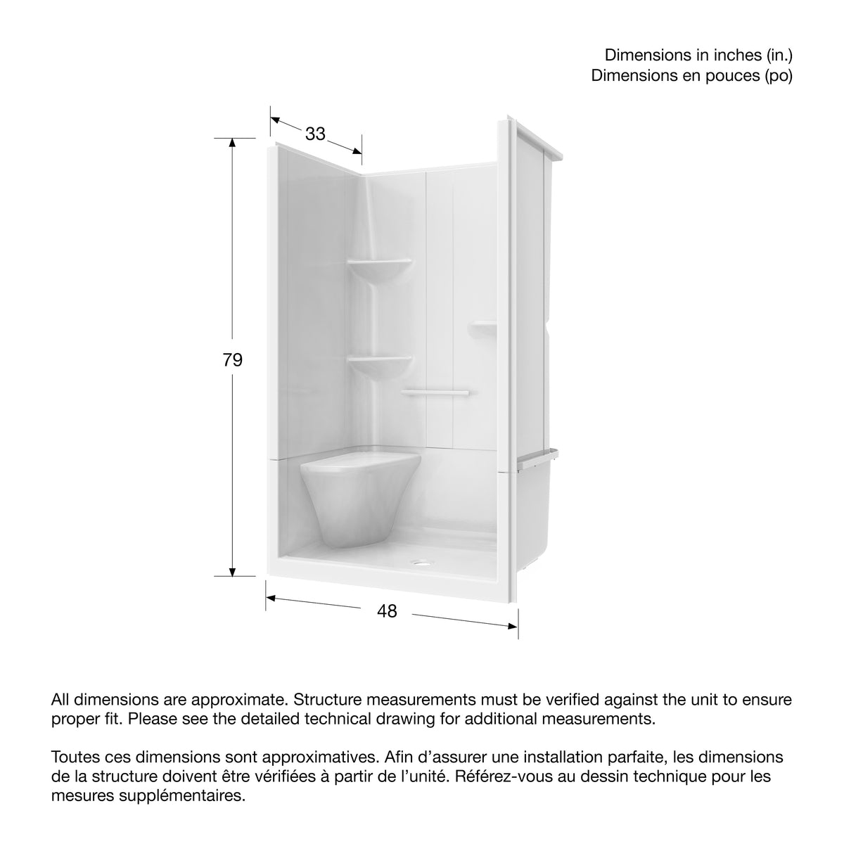 Maax Camelia SH-4834 Acrylic Alcove Center Drain Left Molded Seat Two-Piece Shower in White - image 7