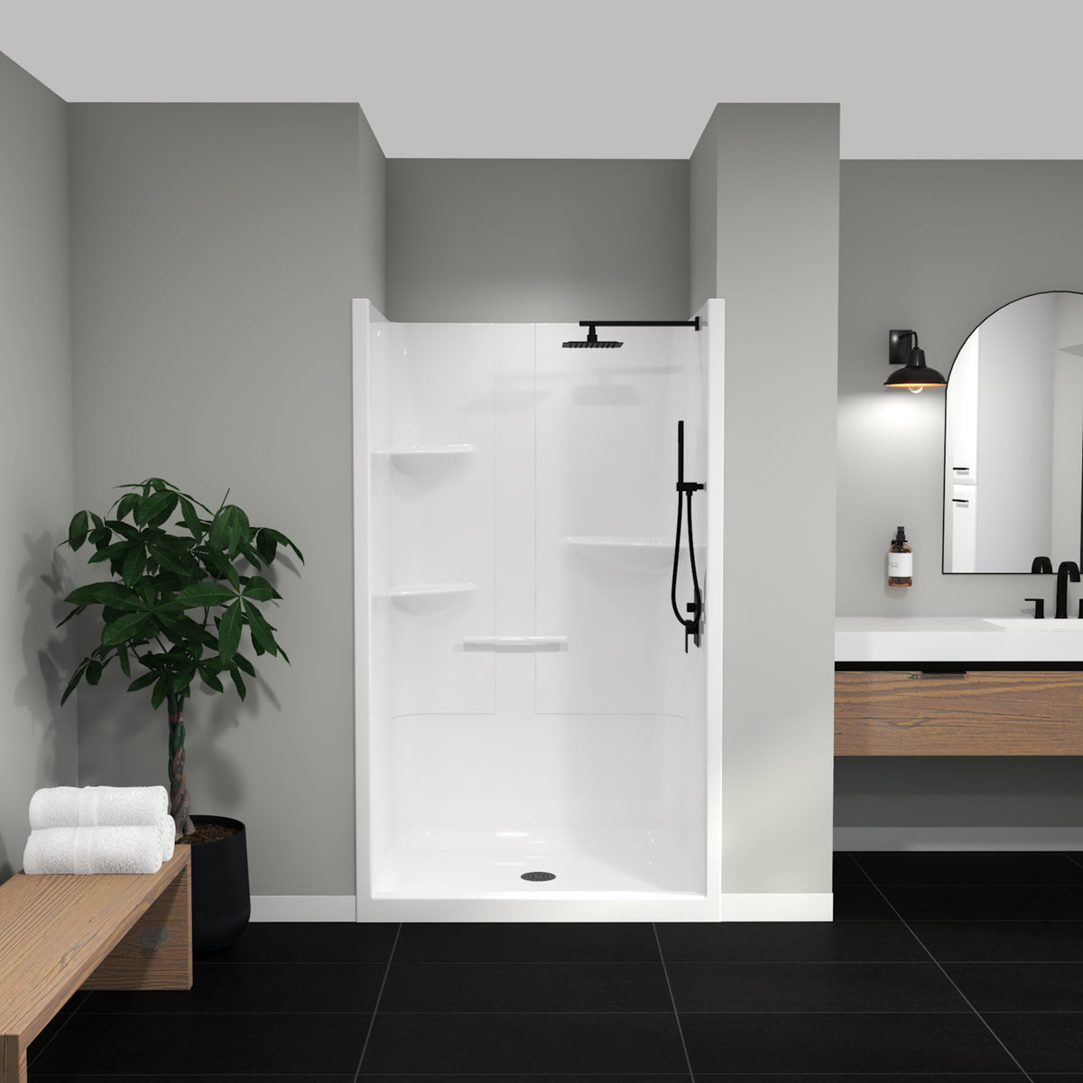 Maax Camelia SH-4834 Acrylic Alcove Center Drain Right Molded Seat One-Piece Shower in White