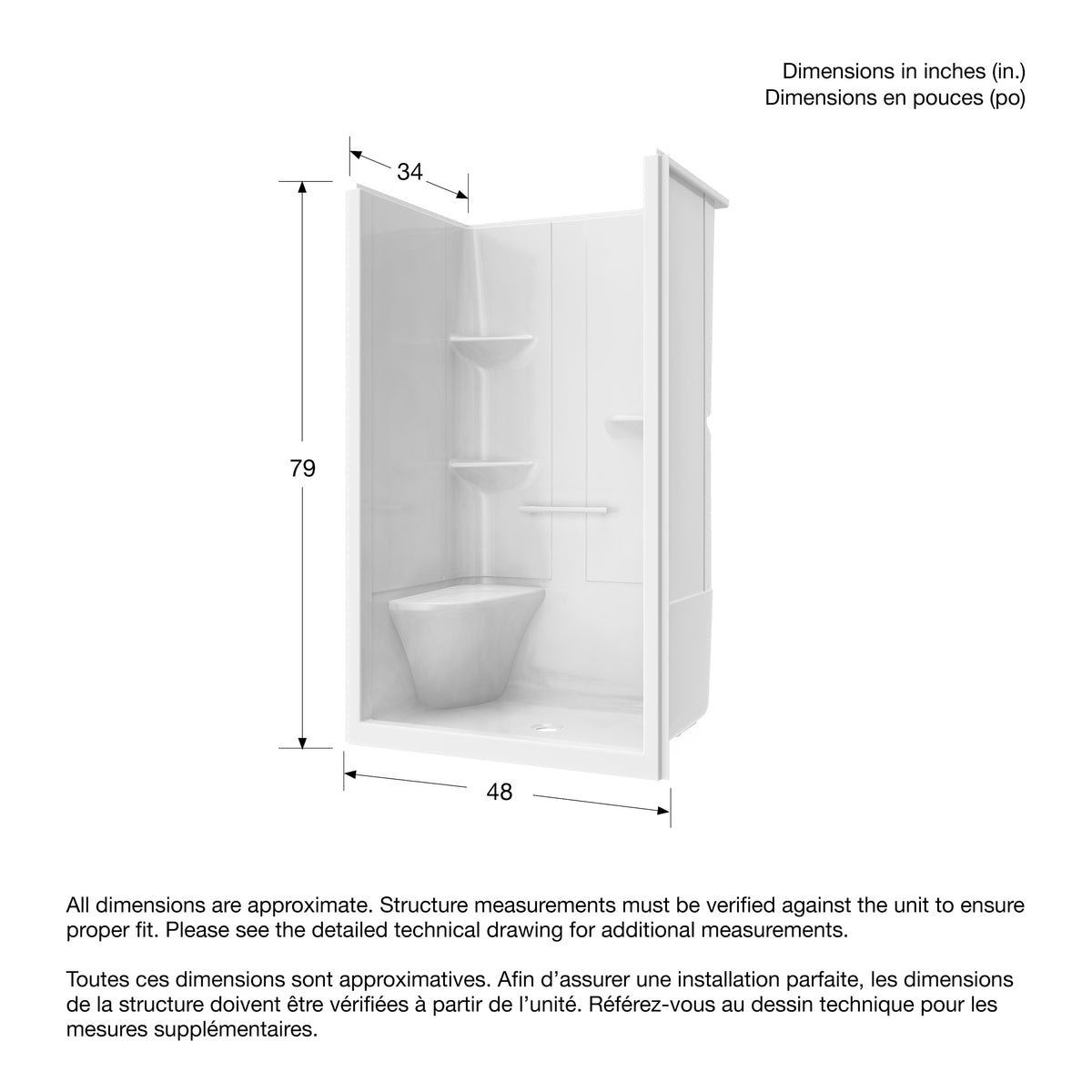 Maax Camelia SH-4834 Acrylic Alcove Center Drain Right Molded Seat One-Piece Shower in White - image 7
