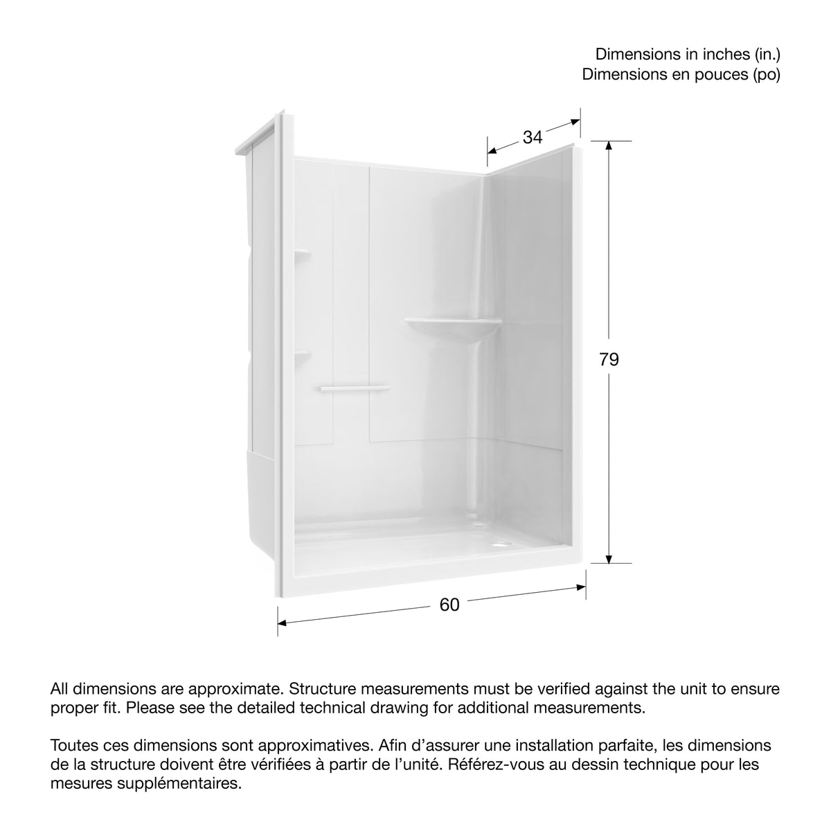 Maax Camelia SH-6034 Acrylic Alcove Left and Right Molded Seat One-Piece Shower in White - image 17