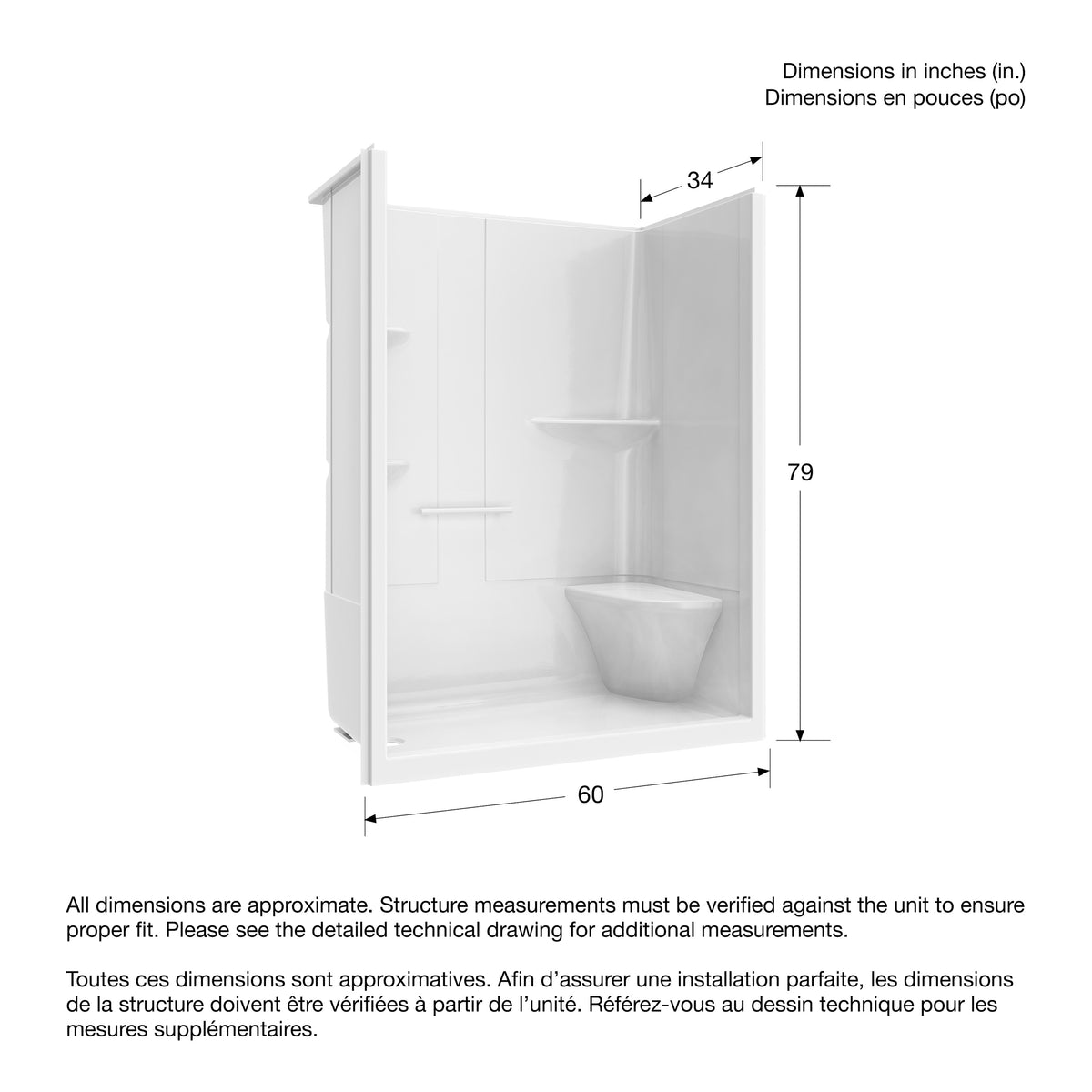 Maax Camelia SH-6034 Acrylic Alcove Left and Right Molded Seat One-Piece Shower in White - image 2