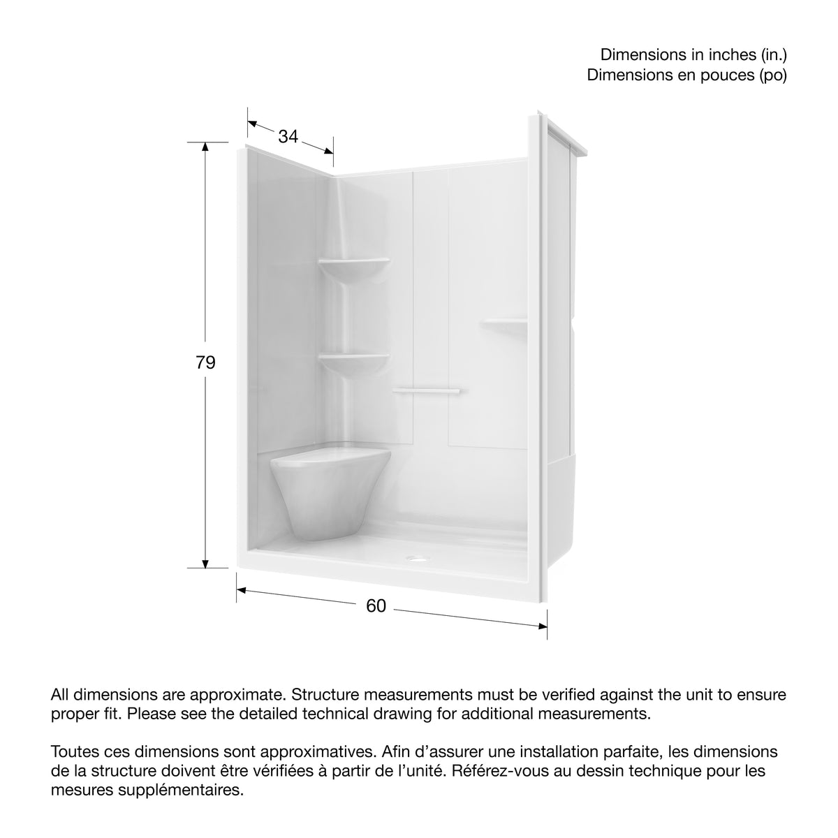 Maax Camelia SH-6034 Acrylic Alcove Left and Right Molded Seat One-Piece Shower in White - image 32