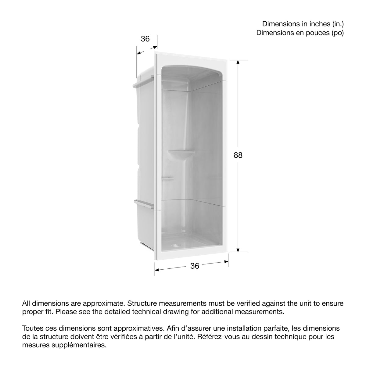 Maax Camelia SHR-3636 Acrylic Alcove Center Drain No Seat Three-Piece Shower in White - image 2