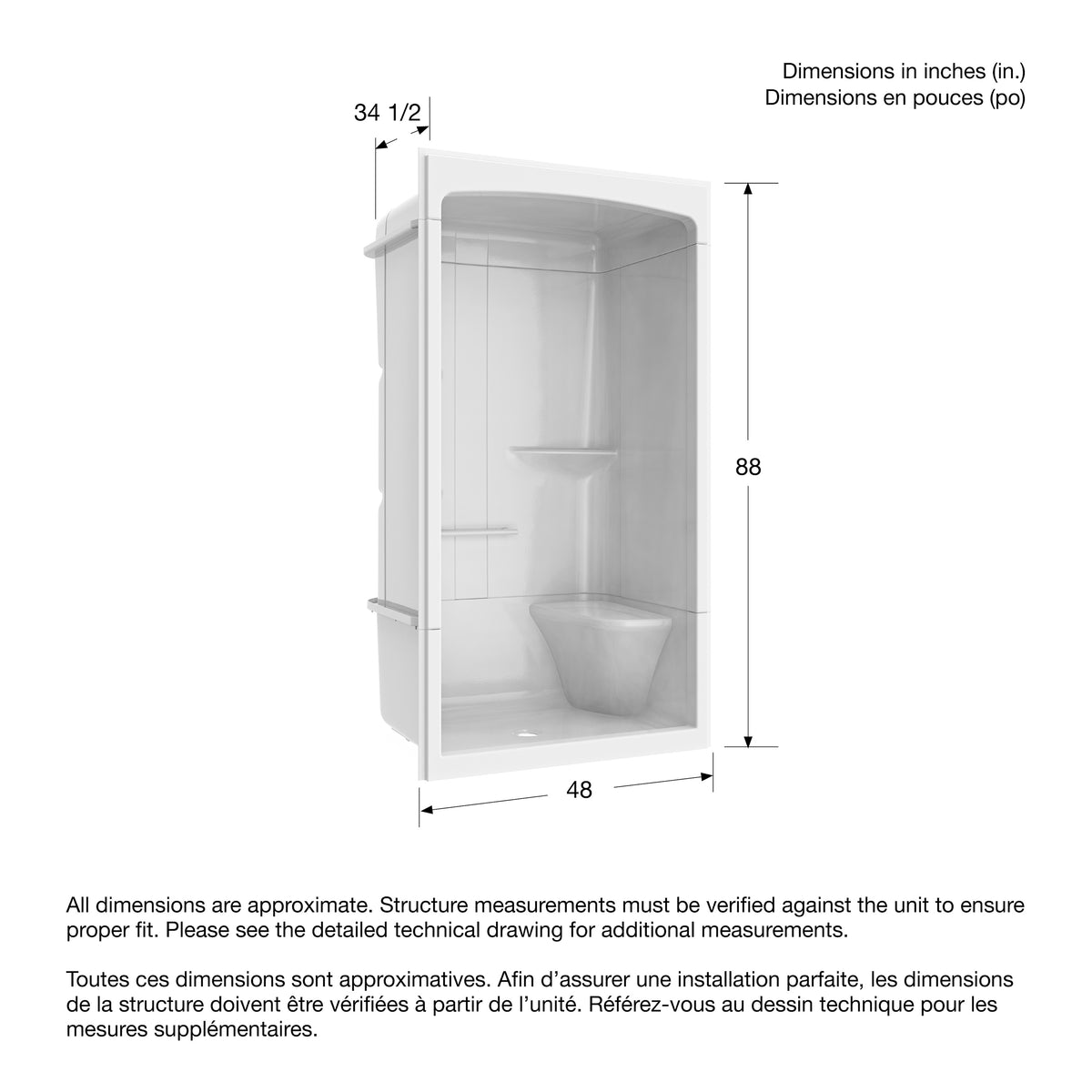 Maax Camelia SHR-4834 Acrylic Alcove Center Drain Left Molded Seat Three-Piece Shower in White - image 12