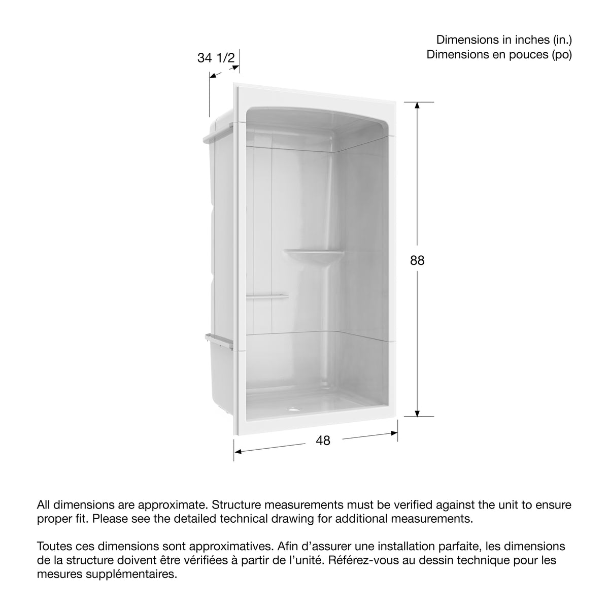 Maax Camelia SHR-4834 Acrylic Alcove Center Drain Left Molded Seat Three-Piece Shower in White - image 2